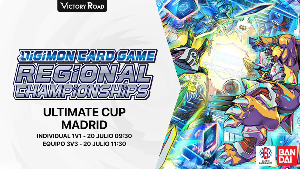 ¿Vienes a nuestro Regional de Digimon en Madrid? 🦖

¡Participa en una de las 2⃣ Ultimate Cup que haremos como Side Events el domingo! 🏆

Entradas a la venta el Sábado 19 a las 21:00 ¡Pásate! 👋

🎫Individual: my.weezevent.com/digimon-ultima…

🎫Equipo: my.weezevent.com/digimon-ultima…