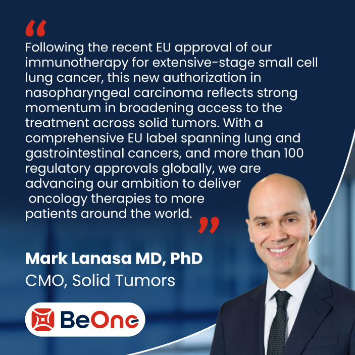 BeOneMedicines's tweet photo. #News for #Investors and #Media: BeOne Medicines   announced today that the European Commission has approved our immunotherapy in   combination with chemotherapy as a first-line treatment for adult patients   with recurrent or metastatic nasopharyngeal carcinoma (NPC).

NPC is a rare cancer in which malignant cells form in   the nasopharynx, the upper part of the throat located behind the nose. Despite   advances in cancer care, major unmet needs remain due to late diagnosis, limited   treatment options for recurrent/metastatic cases, and regional disparities in   access to therapies. We're committed to addressing these gaps—supporting   research, access, and innovation to bring hope to patients and families affected   by NPC.

https://t.co/zYNP8Qt428

#BeOneMedicines #NasopharyngealCancer
#Oncology #LungCancer