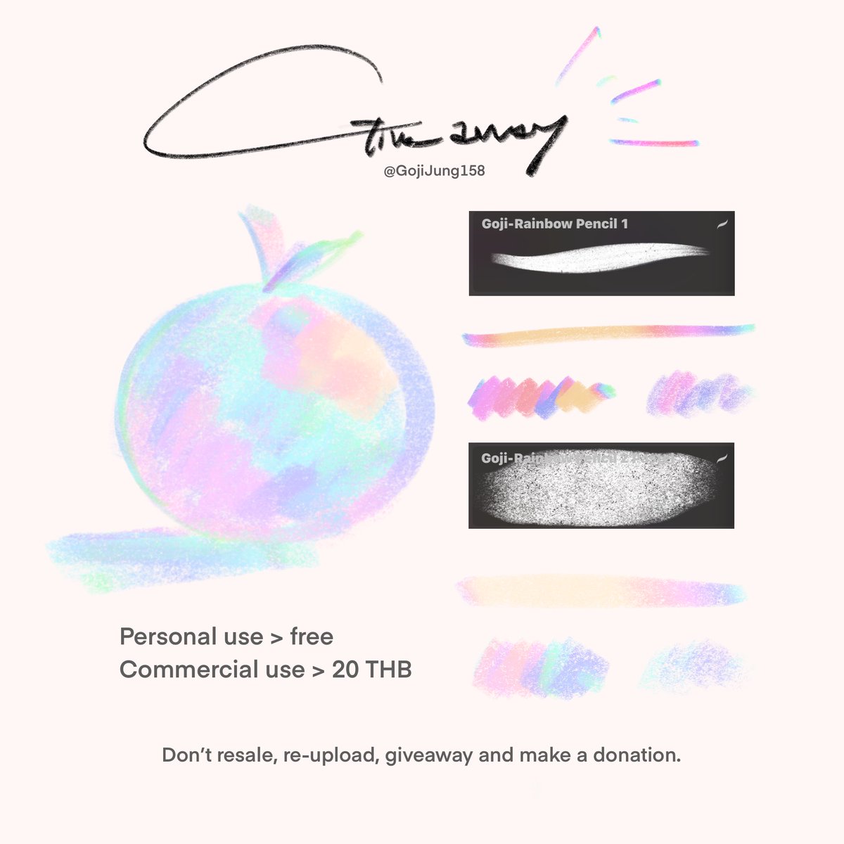GojiJung158's tweet image. Giveaway 🌈
บรัชดินสอสีรุ้ง เอาไปเขียนให้จิตใจมีสีรุ้งฟรุ้งฟริ้งน่ารักกันค่ะ

Personal use - free
Download drive.google.com/drive/folders/…

Commercial use - 20 THB
Purchase friendii.art/s/bpma0ad

ขาย 20 บาท เพราะมีแค่ 2 บรัชค่ะ ใครจะใช้งานเชิงพาณิชย์หรืออยากซัพพอร์ตก็มากดอันนี้ได้ค่ะ