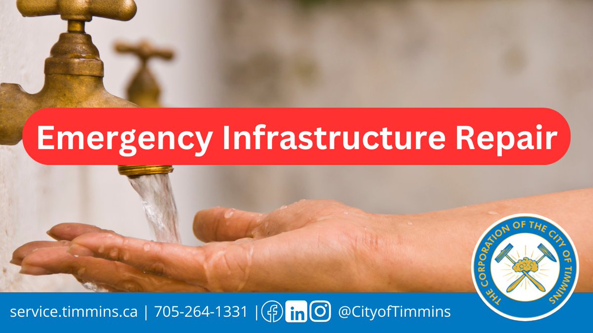 We have a watermain break on Riverside Dr. from Joseph St. to the Travelodge.

Repairs are underway and are expected to end at 4:00 pm. Expect minor lane reductions and reduce speed around the work zone.

#timmins #watermain