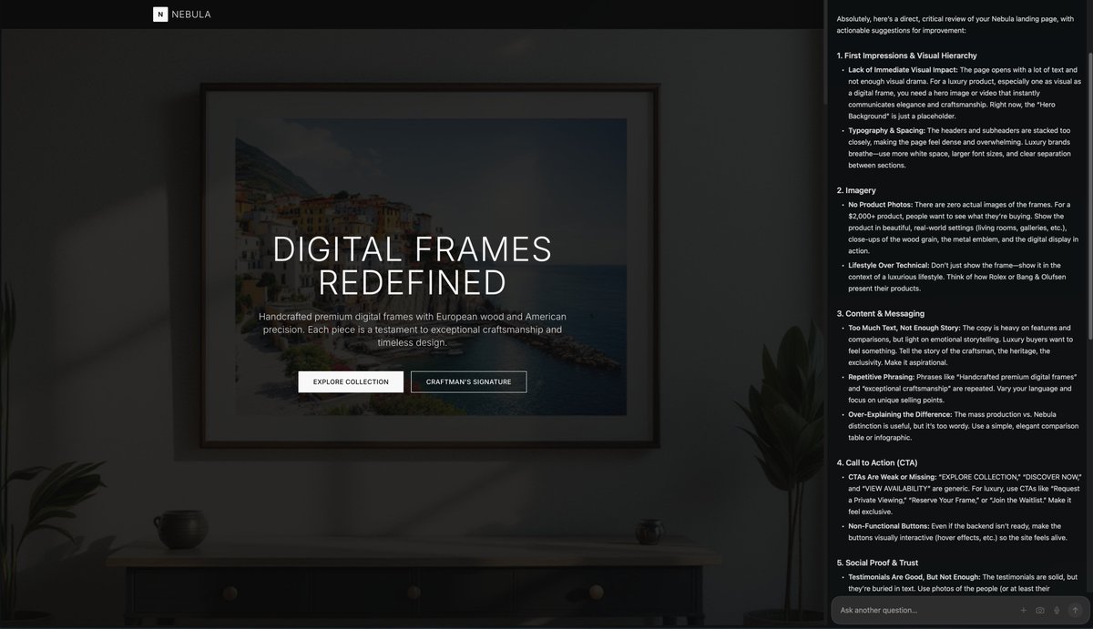Had both <a href="/diabrowser/">Dia</a>  and <a href="/PerplexityComet/">Comet</a> roast my landing page and hands down Comet took the win, not only provided more critical feedback but also took on how to improve the landing page with specifics and even created visuals. I felt like Dia gave a pretty generic answer with