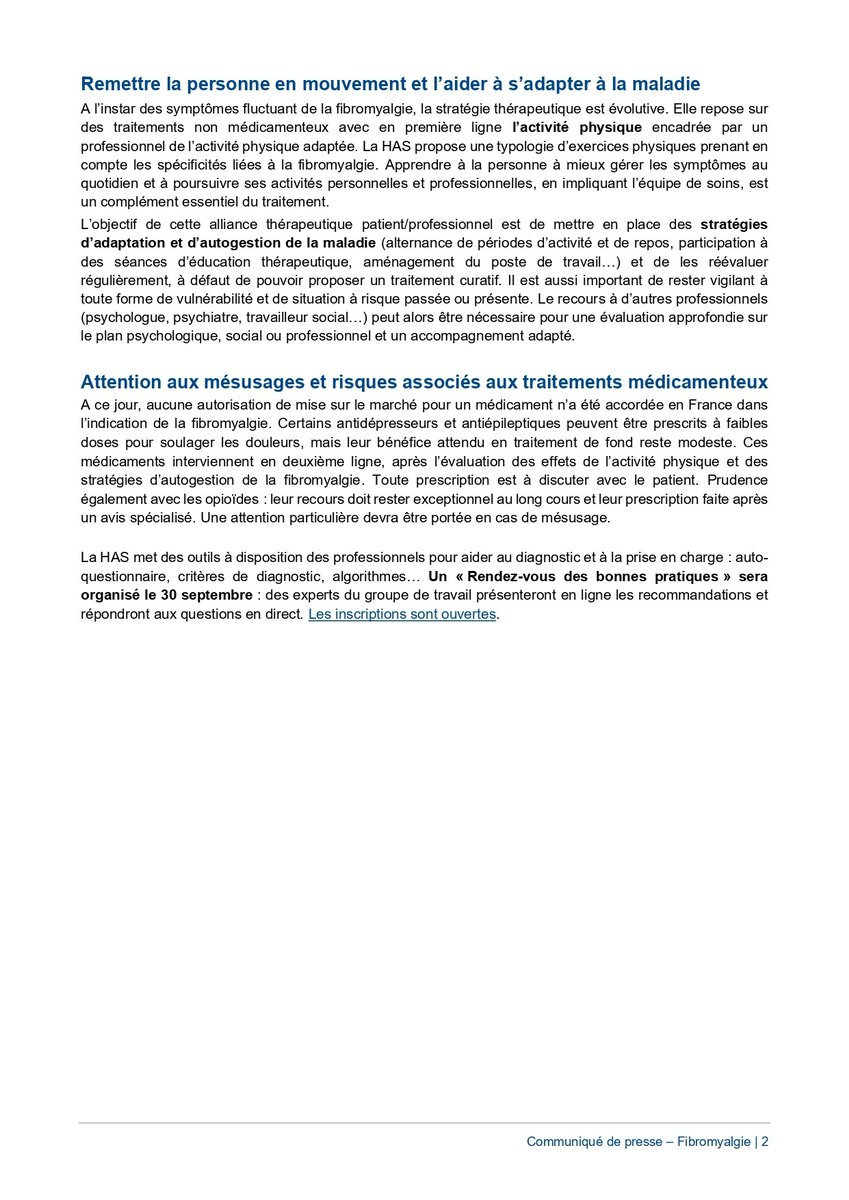 #Communiqué | La HAS publie la première recommandation visant à définir et améliorer le diagnostic et la prise en charge des adultes présentant une #fibromyalgie 
👉 swll.to/zQrRgrV