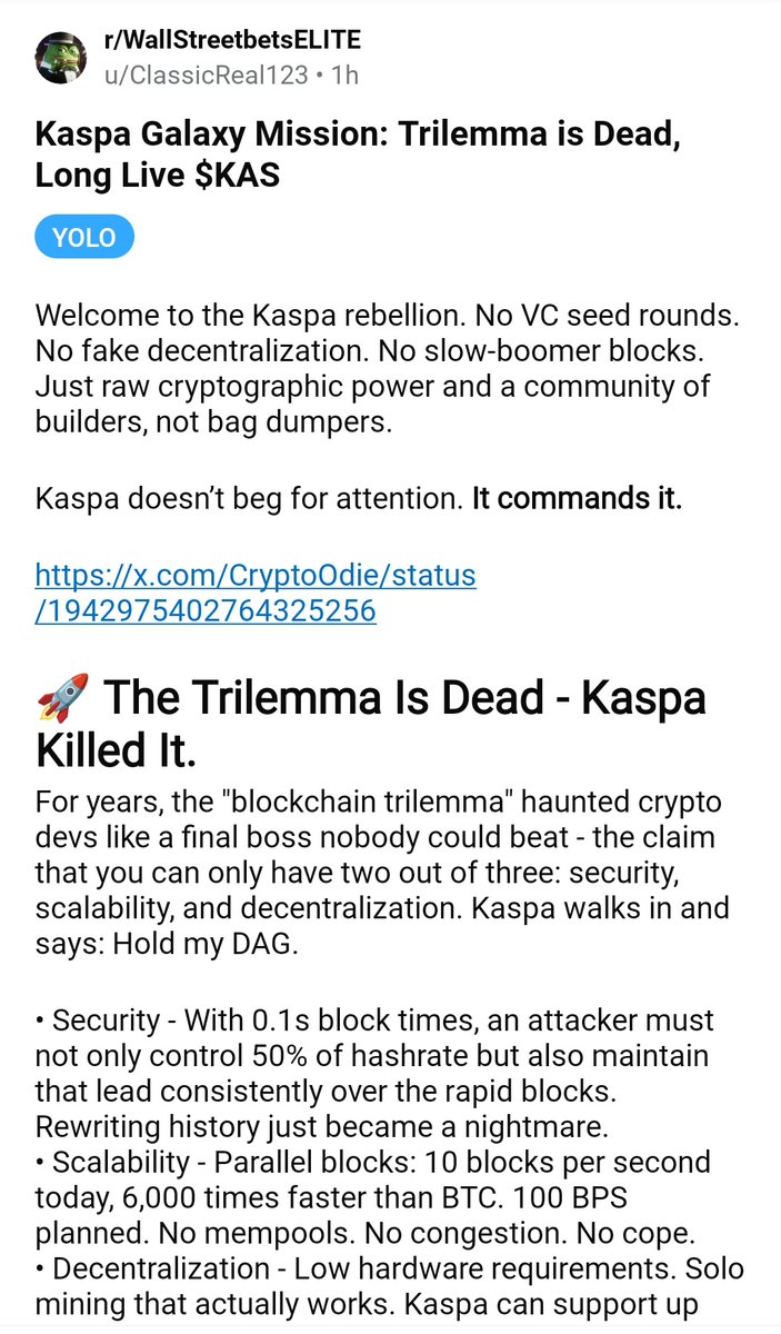 $KASPA Galaxy Mission: Trilemma is Dead, Long Live $KAS 🚀🔥

Let's upvote and spread the $Kas🥂

reddit.com/r/WallStreetbe…