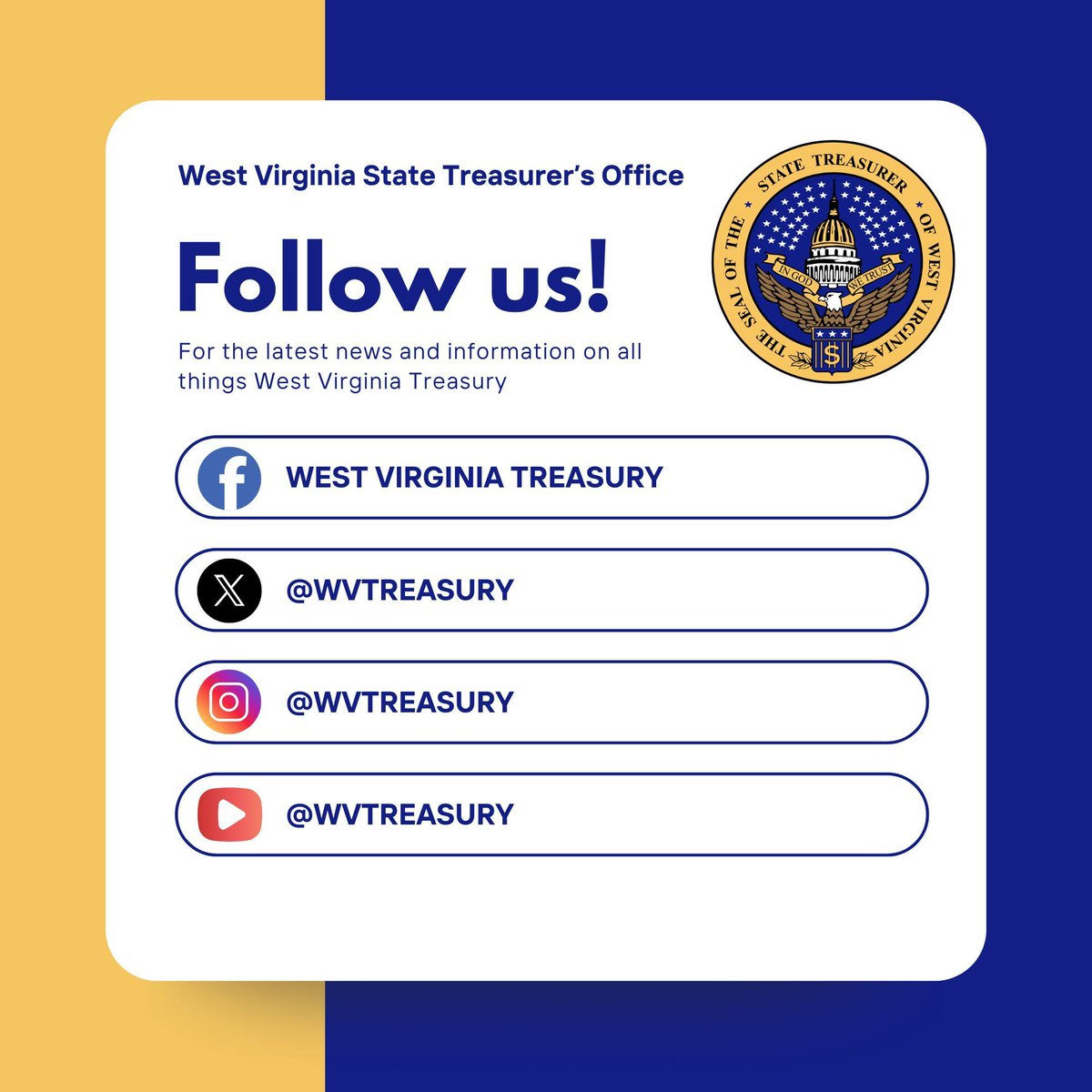 WVTreasury's tweet image. The West Virginia Treasurer's Office is active on social media! Follow us on Facebook, X, Instagram, and YouTube for the latest info on all things West Virginia Treasury!
Facebook: buff.ly/zCWfcEK
Instagram: buff.ly/Q5X9yem
YouTube: buff.ly/slfoMkM