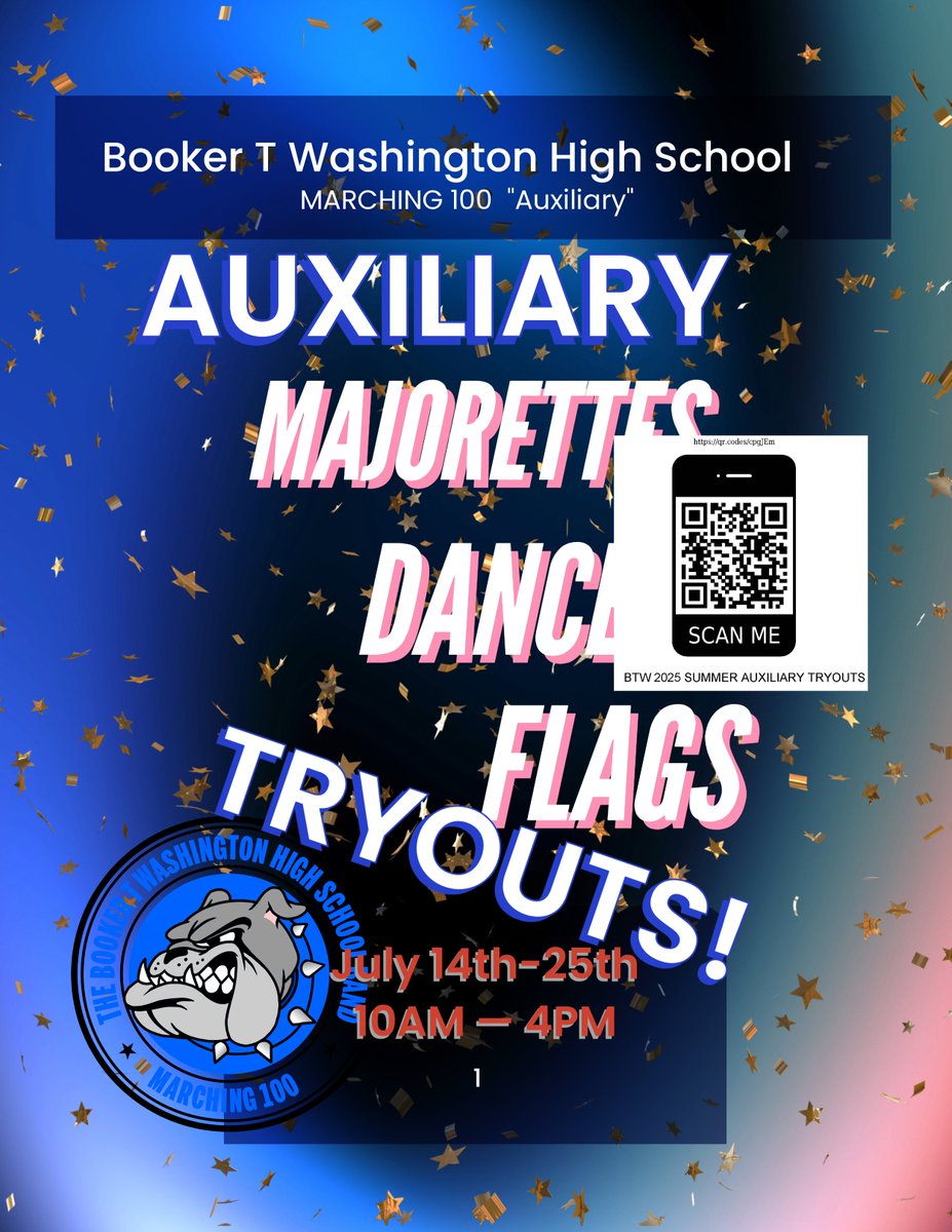 UPDATE:
🎺 BTW Marching 100 Auxiliary Tryouts!

Bannerette - Majorette - Dance Team - Flag Corp

🗓️ July 14–25 | 🕙 10AM–4PM
Bring your energy and show us what you've got! 💃🏾🕺🏽🔥 #Marching100 #AuxiliaryTryouts #BTW1924 #BulldogPride

docs.google.com/forms/d/e/1FAI…