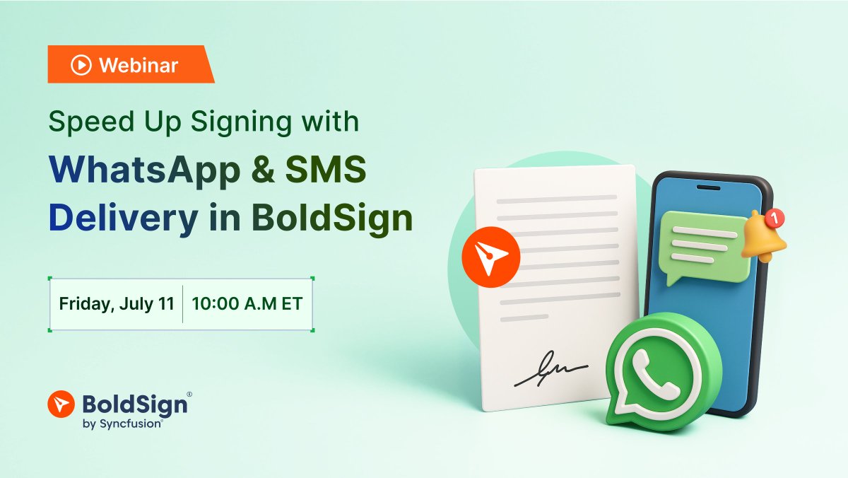 🚨Reminder: It’s happening tomorrow! 🚨

Still facing delays in getting signatures via email? There’s a faster way to keep your workflow moving and your customers happy.

Join us for a live webinar to discover how sending sign requests via SMS and WhatsApp can:
✅ Reach signers