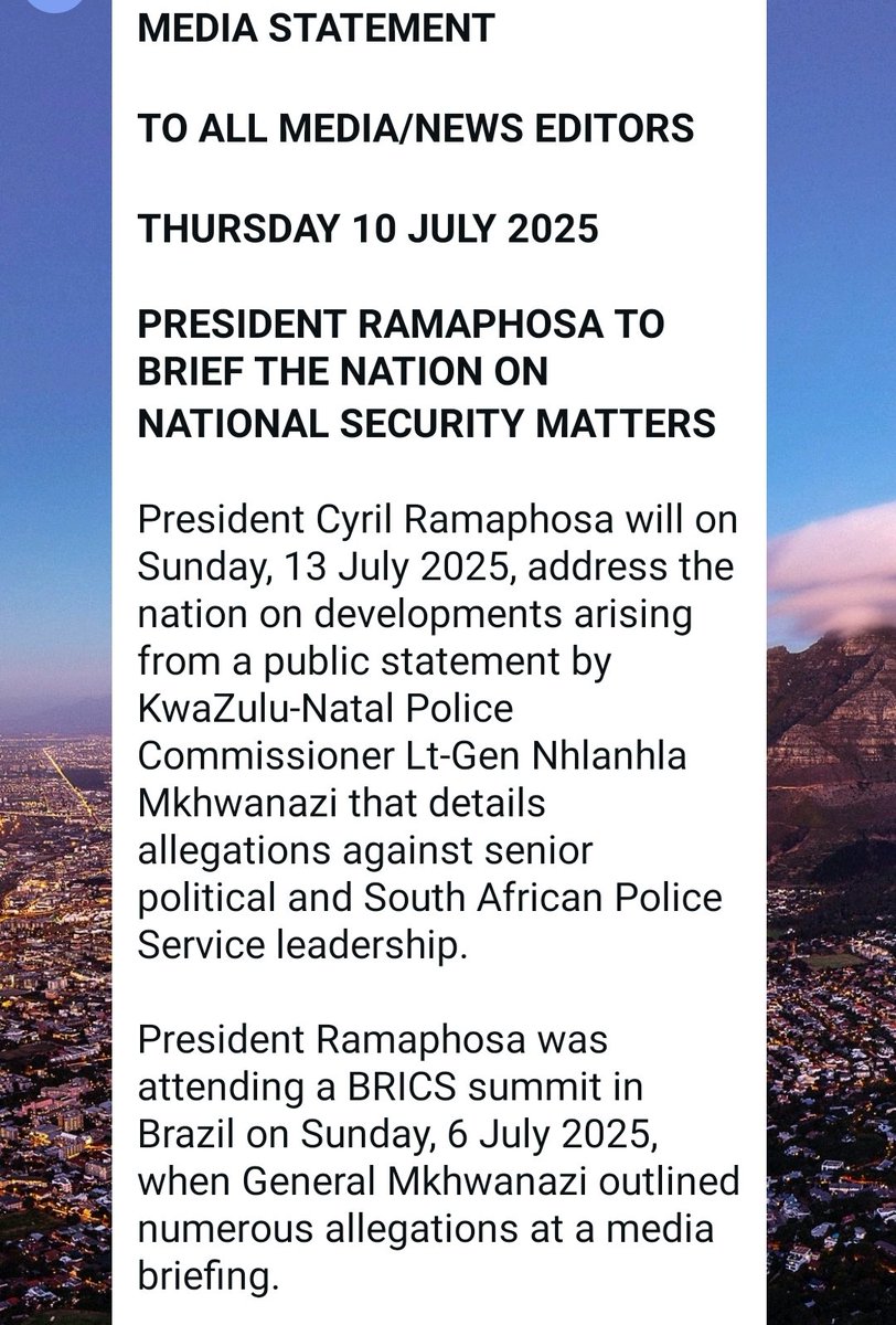 Jeanette Chabalala 🇿🇦 (@j_chabalala) on Twitter photo President Cyril Ramaphosa will on Sunday address the nation on developments arising from a public statement by KZN police commissioner Lt-Gen Nhlanhla Mkhwanazi.
<a href="/SowetanLIVE/">Sowetan LIVE</a> President Cyril Ramaphosa will on Sunday address the nation on developments arising from a public statement by KZN police commissioner Lt-Gen Nhlanhla Mkhwanazi.
<a href="/SowetanLIVE/">Sowetan LIVE</a>