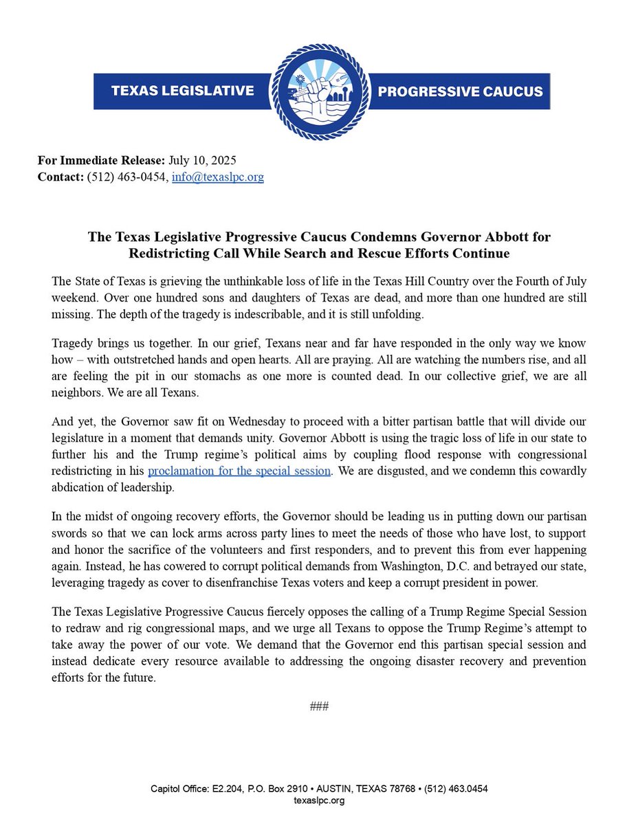 TX_Progressives's tweet image. The Texas Legislative Progressive Caucus fiercely opposes the calling of a Trump Regime Special Session to redraw and rig congressional maps.