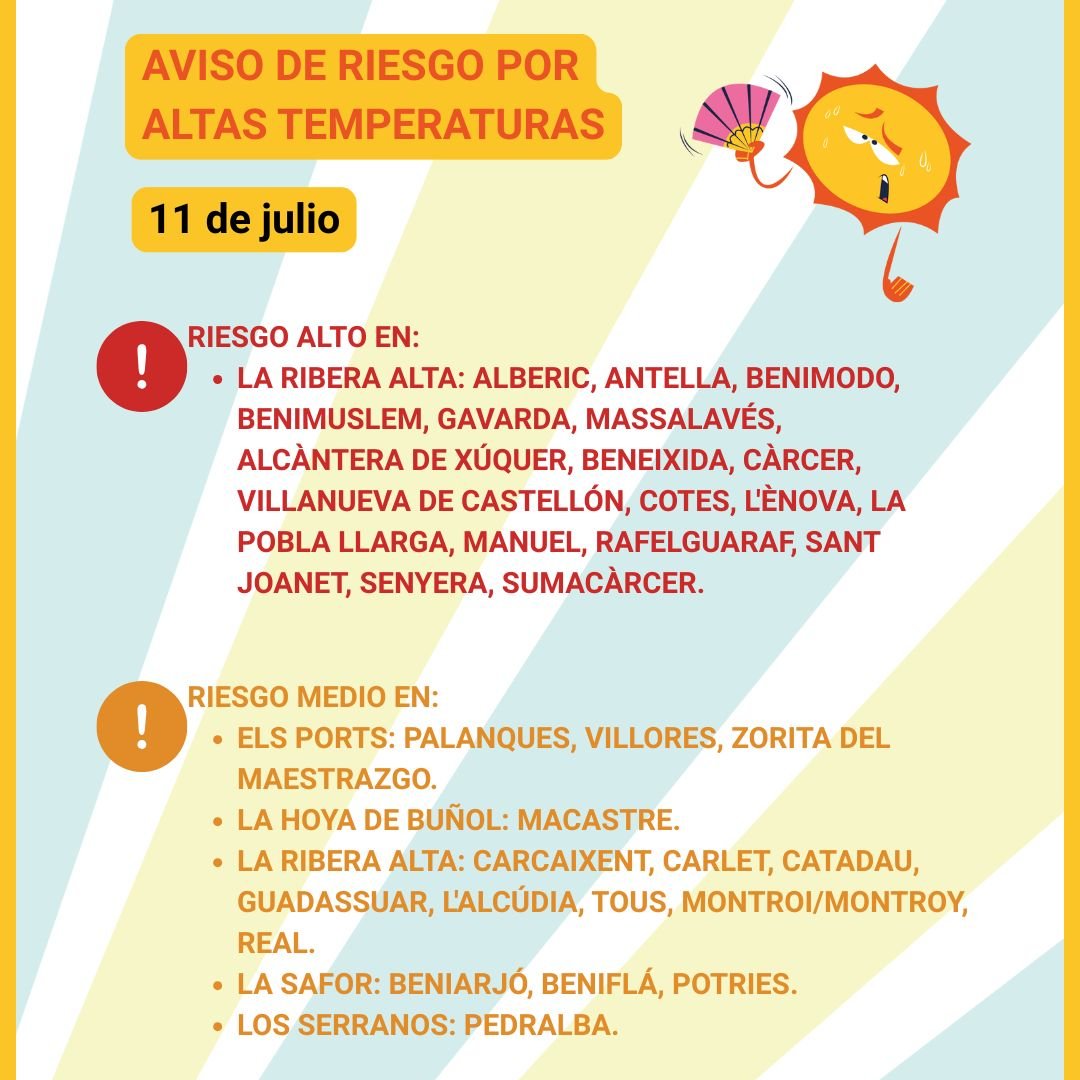 ⚠️🌡️ #AlertaCalor: 🔴🟠Aviso de riesgo por altas temperaturas el 11/07

ℹ️ Previsión y consejos:
👉comunitatvalenciana.meteoclim.com