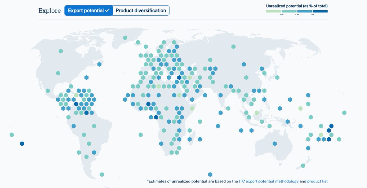 We just launched our redesigned Export Potential Map with a sleeker interface and an interactive map. Use it to find:

✅ Products, markets, and suppliers with (unrealized) export potential
✅ Opportunities for product diversification

Press release: bit.ly/409uncn