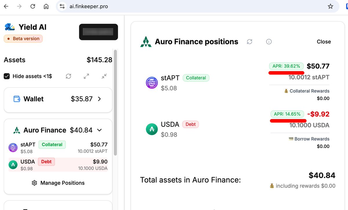 FinKeeper's tweet image. β
Integration with @AuroFinance_ is now live! π
Now you can track all your staking positions, borrowings, and real-time APRs β all in one place.
And letβs be honest: those APRs look really tasty π
More features coming soon ππ οΈ
Try it now β ai.finkeeper.pro
#DeFAI