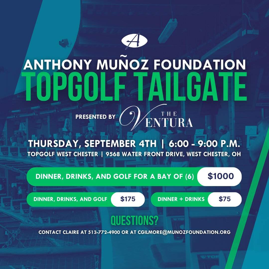 MunozFoundation's tweet image. Ready for football season? Come "Tee Off for the NFL Kickoff" during AMF’s 8th annual #TopgolfTailgate, presented by The Ventura - A Premiere Event Center, on September 4th at @TopgolfCincy for unlimited golf, football, and food. 🏈🙌🏌️♂️
For more information and to reserve your…