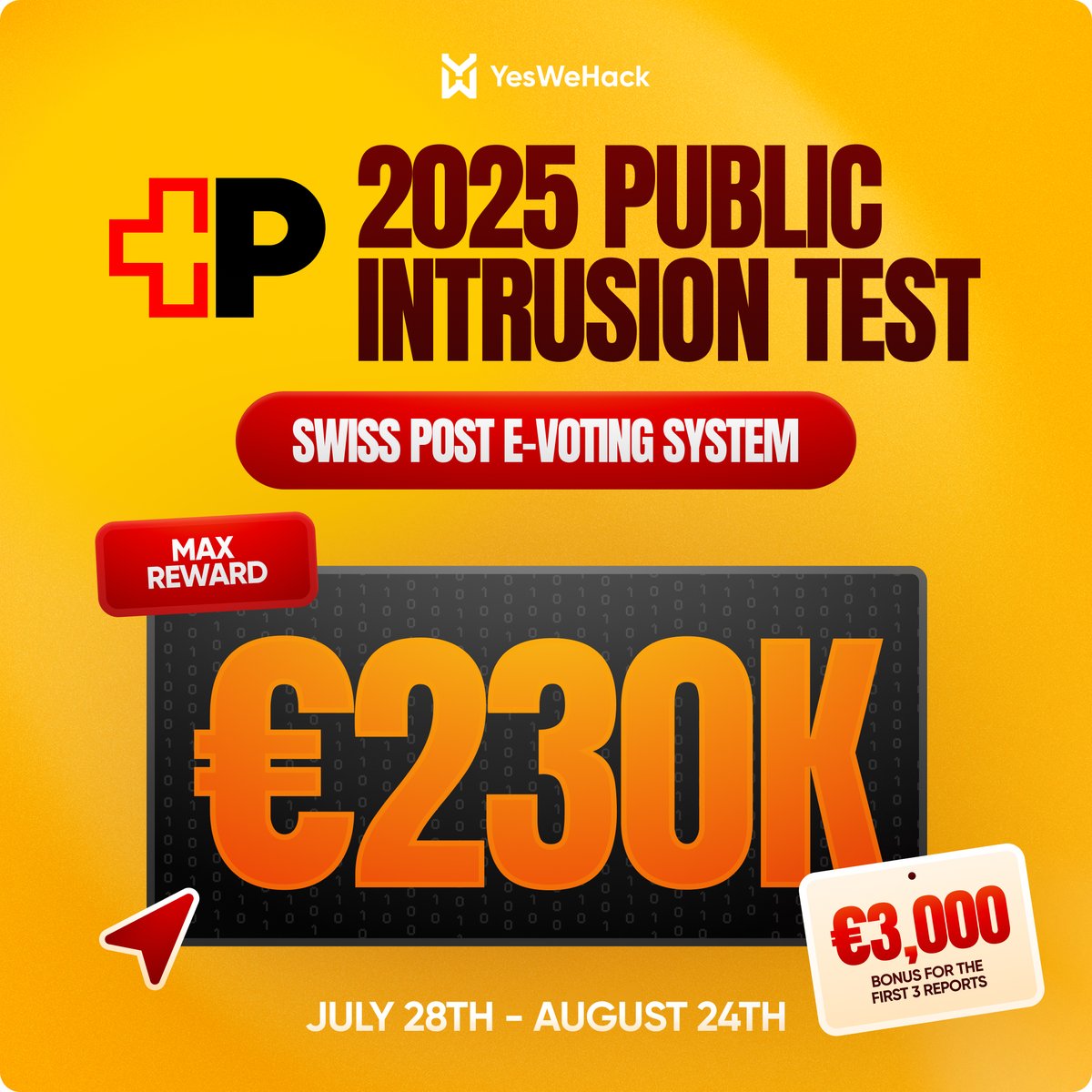 YesWeHack ⠵ (@yeswehack) on Twitter photo 🔔 It’s time! Swiss Post’s 2025 Public Intrusion Test starts today.
Until 24 Aug, bug hunters worldwide can test the e-voting platform of <a href="/swisspost/">swiss post</a> and earn up to €230K per valid report - with a €3K bonus for the first 3 findings 💰
Try it out 👉 yeswehack.com/programs/swiss… 🔔 It’s time! Swiss Post’s 2025 Public Intrusion Test starts today.
Until 24 Aug, bug hunters worldwide can test the e-voting platform of <a href="/swisspost/">swiss post</a> and earn up to €230K per valid report - with a €3K bonus for the first 3 findings 💰
Try it out 👉 yeswehack.com/programs/swiss…