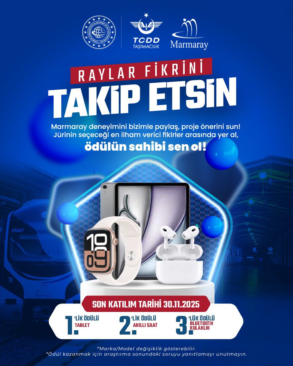 🚉ANKETE KATIL, FİKRİNİ SUN, ÖDÜLLERİ TOPLA!

Marmaray yolculuk deneyimini iyileştirmeye yönelik hazırlandığımız ankete katıl!  

Özgün, yaratıcı, uygulanabilir nitelikte ve toplumsal fayda sağlayacak fikrini sun!

Hediye kazanma şansı yakala!

Ankete Katılmak ve Koşulları