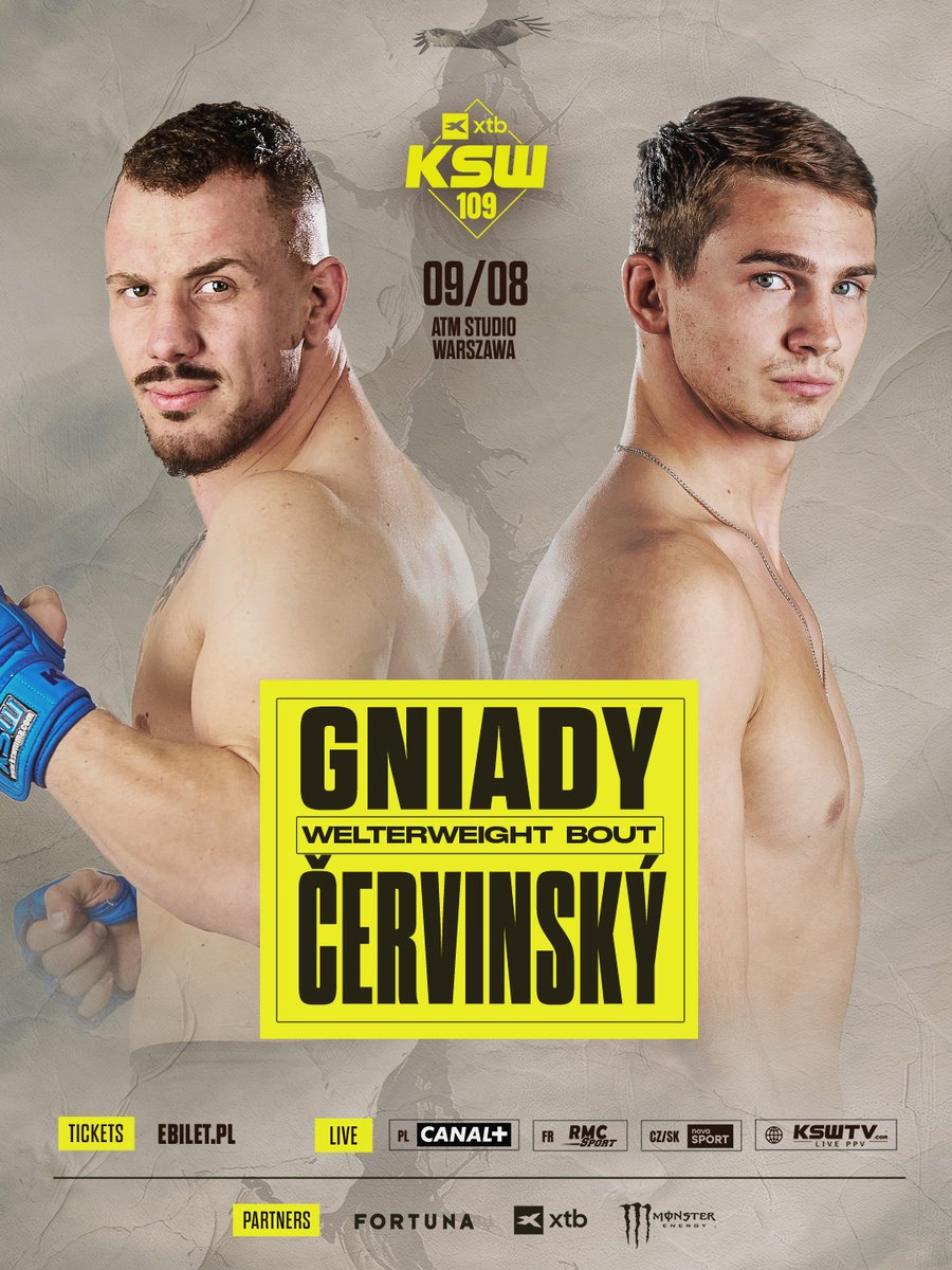 Michał Gniady 🇵🇱 steps in to replace his injured team mate, Jacek Gać. Uniq Fight Club member will face a young Czech prospect, Viktor Červinsky 🇨🇿. 

XTB #KSW109 | AUG 9 | Warsaw | <a href="/eBiletPL/">eBilet</a>