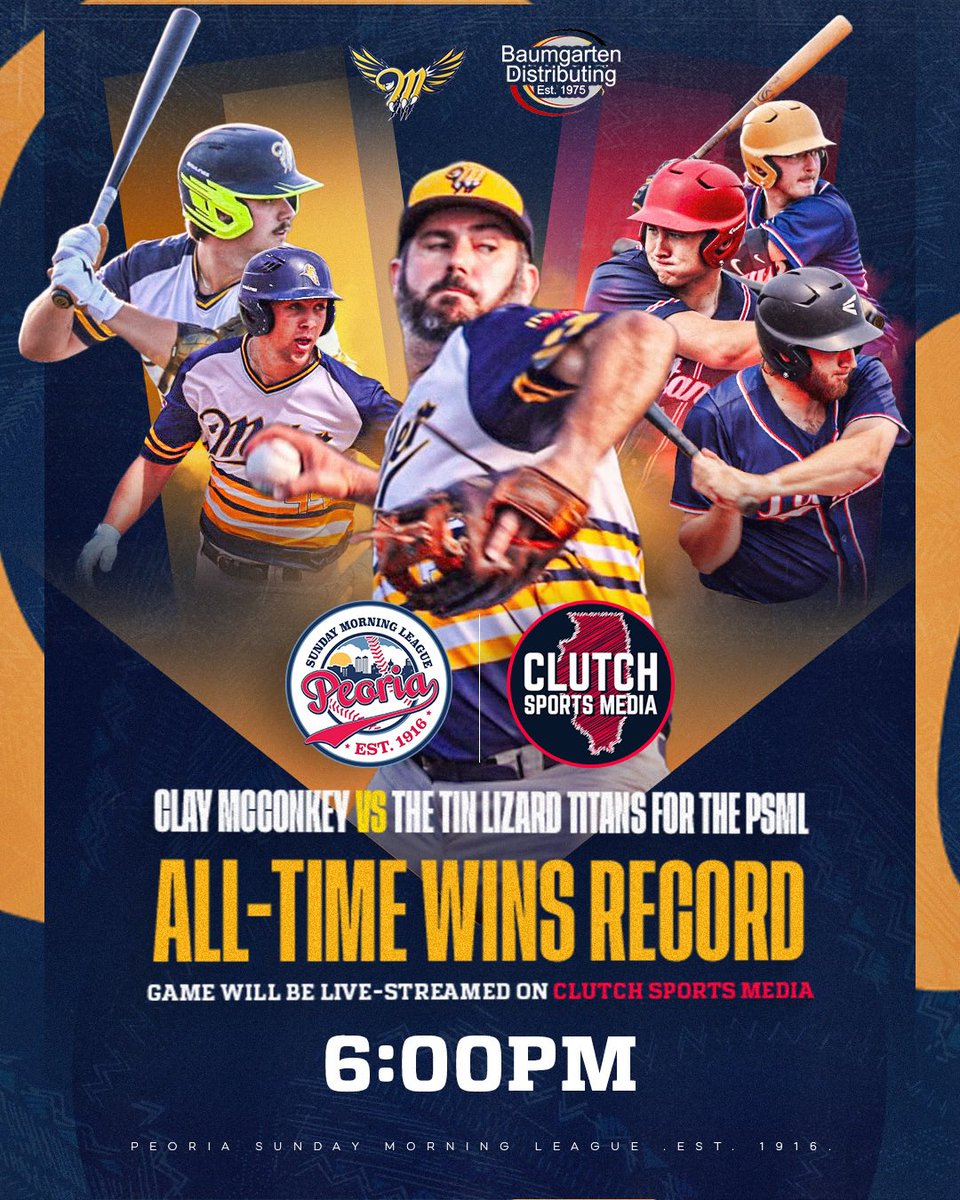 ⚾️ Peoria Baseball History in the Making TONIGHT! ⚾️

Clay McConkey and the Miller Lite Falcons are taking the field against the Tin Lizard Titans at 6:00 PM on Dave Rodgers Field at Eastside Centre, and with one more win, McConkey could make Peoria Sunday Morning League history
