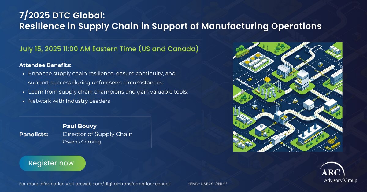 ARC Advisory Group (@arc_advisory) on Twitter photo Join us 7/15 at 11AM EST! Learn to build #ResilientSupplyChains for manufacturing. Explore traceability, risk analytics & more with experts from ARC & <a href="/OwensCorning/">We Are Owens Corning</a>.
Register now:
lnkd.in/e48MHSxV
#DTC #SupplyChain #Manufacturing Join us 7/15 at 11AM EST! Learn to build #ResilientSupplyChains for manufacturing. Explore traceability, risk analytics & more with experts from ARC & <a href="/OwensCorning/">We Are Owens Corning</a>.
Register now:
lnkd.in/e48MHSxV
#DTC #SupplyChain #Manufacturing