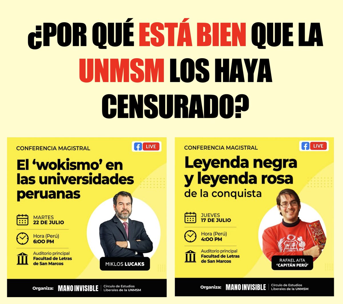 perruqueo's tweet image. ¿por qué está bien que hayan censurado a Miklos LuKacs @mlukacs y Rafael Aita @capitanperuano en la @UNMSM_?
---
Pero ¿es bueno que inviten a Lukacs o Aita a debatir a una universidad? 

Respuesta corta: SÍ
Respuesta larga: sí, pero...

...viene hilo 🧵🧵 👇