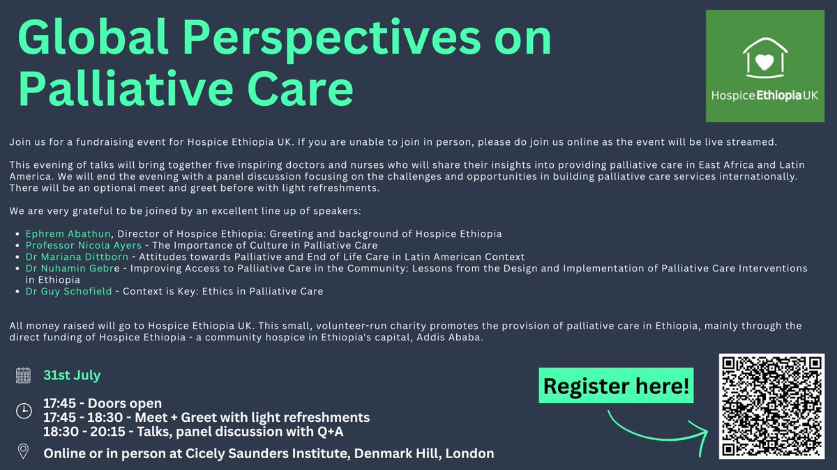 APMPostTweets's tweet image. 🚨Hospice Ethiopia UK Fundraiser.
'Global Perspectives on Palliative Care'.
📅Date: 31 July
⏰Time: 17:45-20:15
📍Location: Cicely Saunders Institute London, or Online.
Find out more by clicking on the QR code below!