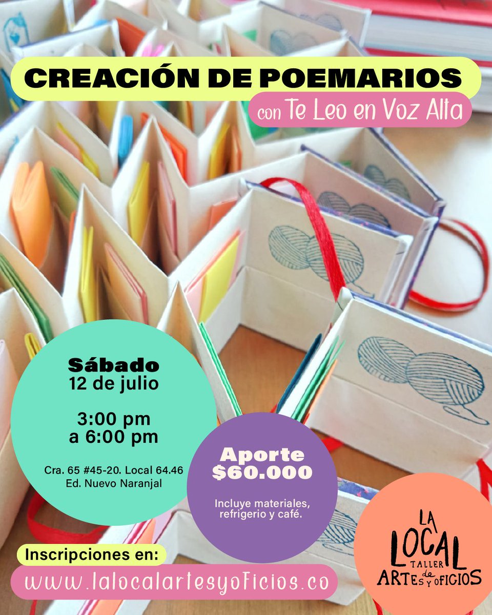 #Medellín Dos invitaciones para este fin de semana en La Local Taller de Artes y Oficios. El viernes, parche tempranero de plancha pa empezar el fin de semana y escuchar la playlist de Mentiras que está buenísima. El sábado, taller de poemarios, que son unos libritos hermosos.
