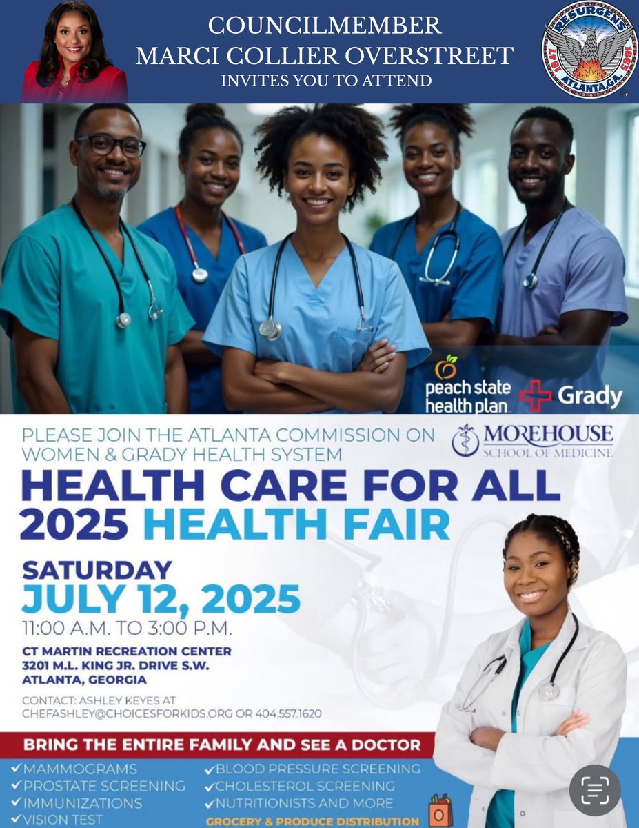 Join me this Saturday, July 12 from 11 AM–3 PM for the 2025 Health Care for All Health Fair at the C.T. Martin Rec Center! 💙

Free health services, cancer screenings, nutrition consults, fresh produce &amp; more!

Proud to partner with <a href="/GradyHealth/">GradyHealth</a> &amp; the ATL Commission on Women.