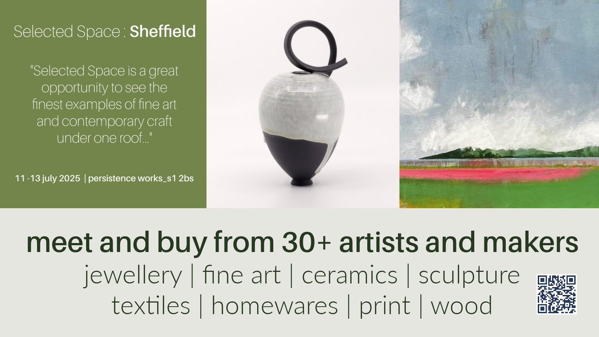 📣 @SELECTEDSPACE : SHEFFIELD 2025
⏰ This week only - opens at NOON, Fri 11 July.
➡️ JOIN US at Persistence Works. Meet and buy from the artists and makers. Discover a beautifully curated selection of art and contemporary craft.
🎟️ £5 on the door 
-
ℹ️ selectedspace.co.uk