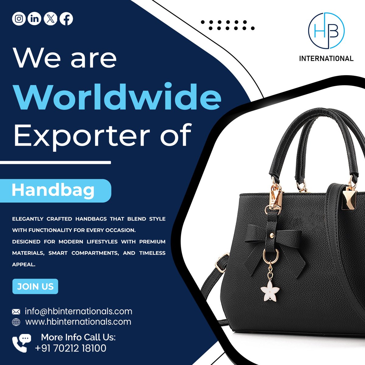hbintexport's tweet photo. 👜 Title: Premium Handbags, Delivered Globally 🌍 | HB International
📧 info@hbinternationals.com
📱 +91-7021218100
🔗 https://t.co/YLFyN2xmJg
#HBInternational #HandbagExporter #GlobalHandbagSupplier #LuxuryHandbags #FashionAccessories #InternationalTrade https://t.co/v8TgTB8fX3
