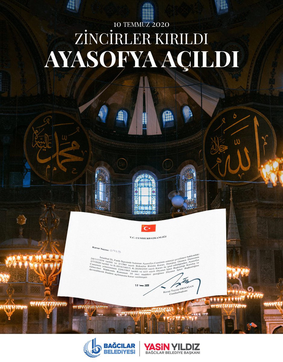 Ayasofya… Asırların özlemi, ecdadın mirası, fethin nişanesi.

87 yıl sonra yeniden secdeyle buluşan bu kutlu mabedin kapılarını ibadete açarak tarihi bir özlemi sona erdiren Cumhurbaşkanımız Sayın <a href="/RTErdogan/">Recep Tayyip Erdoğan</a> ’a ve emeği geçen herkese şükranlarımızı sunuyoruz.

Ezanın yeniden