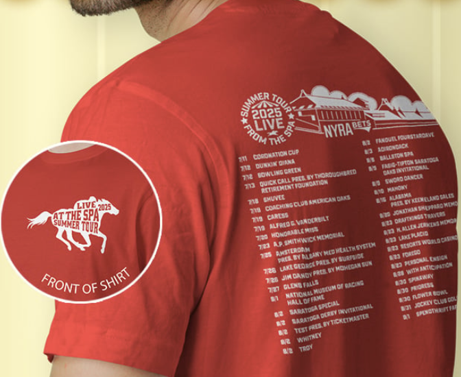 Giveaway #1: Saratoga Summer Tour T-Shirt presented by <a href="/NYRABets/">NYRA Bets</a>  on Friday, July 11, 2025

The first premium giveaway of the summer meet is a red, high performance, concert-style tour tee.