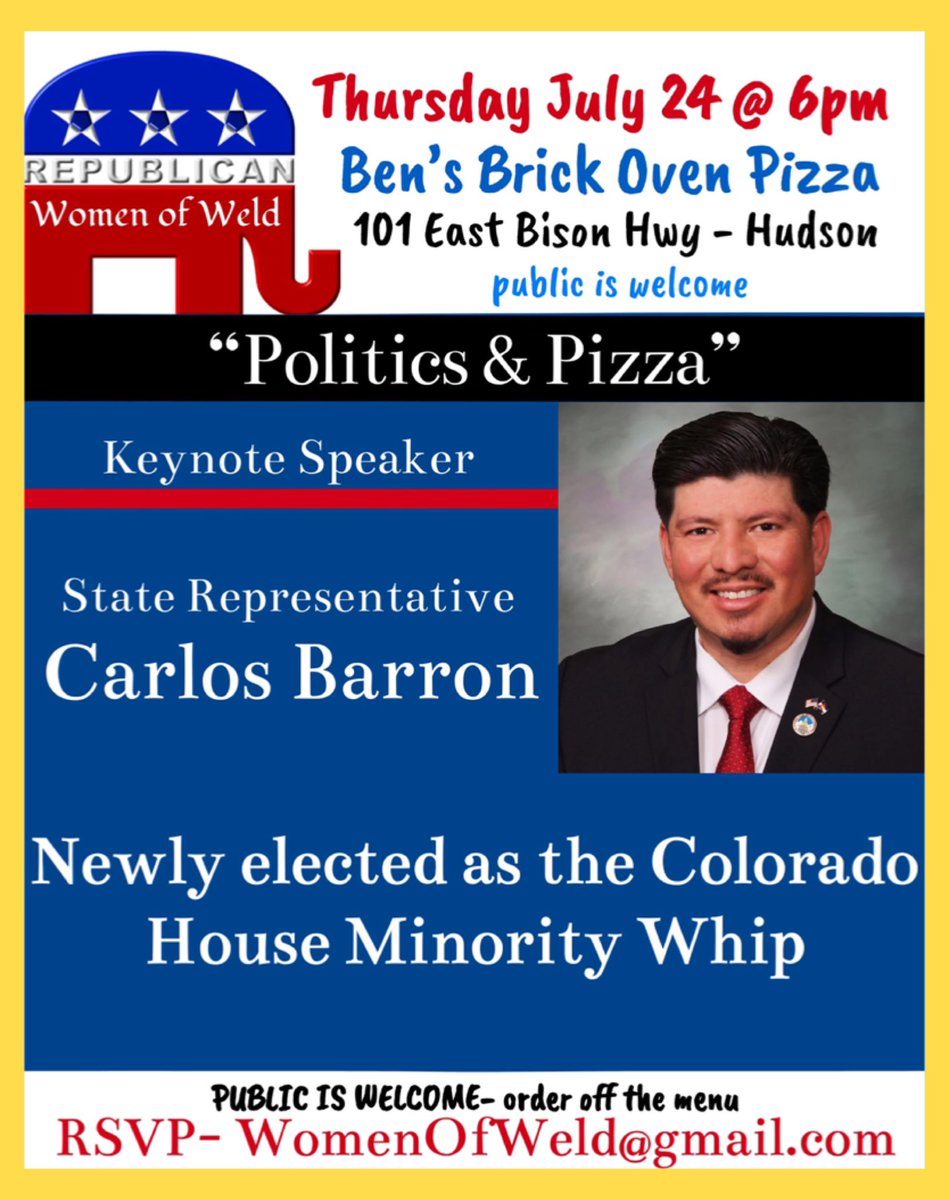 Come say hi, ask questions and have some pizza! The Republican Women of Weld is a great organization!
