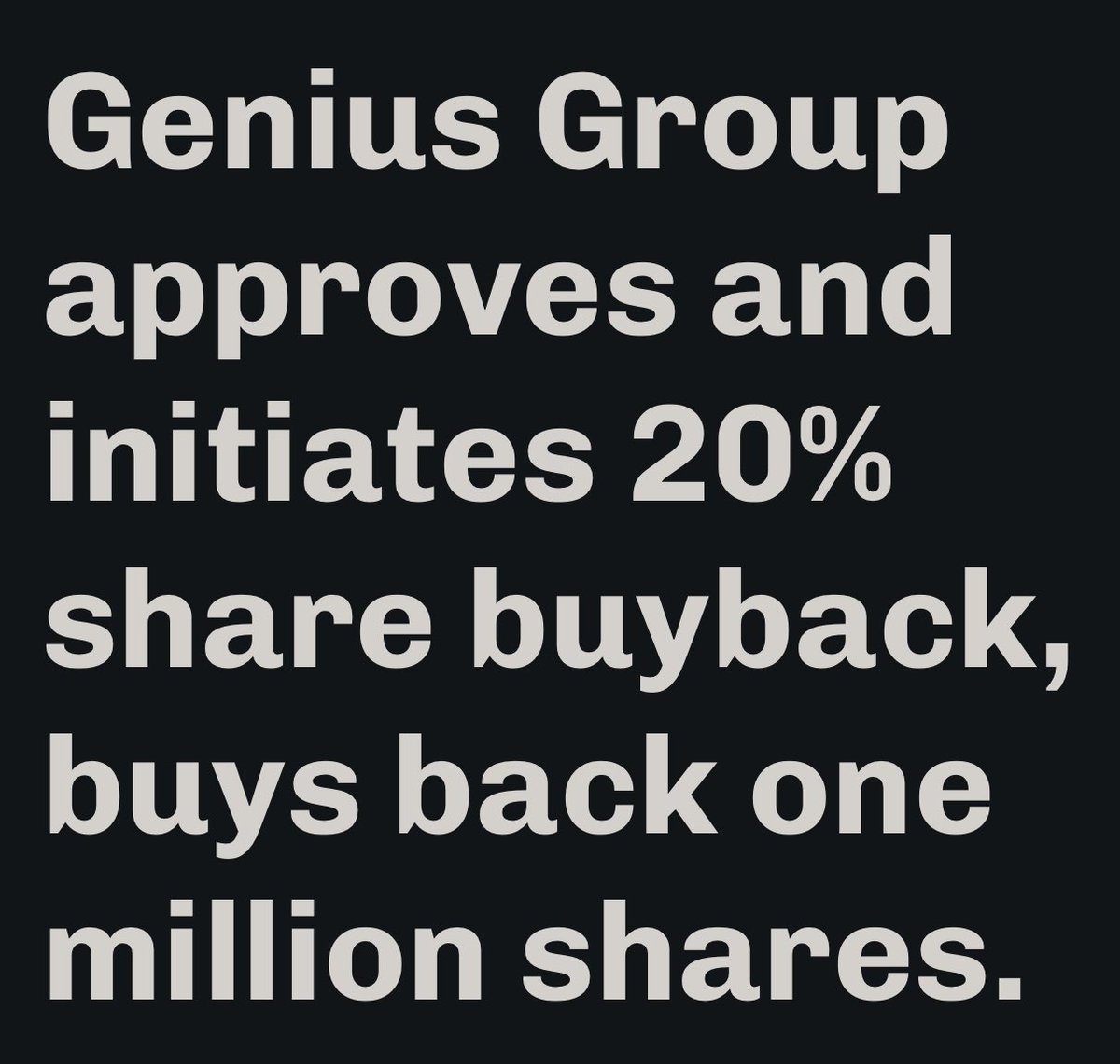 rogerhamilton's tweet photo. Latest $GNS news - SINGAPORE, July 10, 2025 (GLOBE NEWSWIRE) -- Genius Group Limited (NYSE American: GNS) (“Genius Group” or the “Company”), a leading AI-powered, Bitcoin-first education group, today announced that further to receiving shareholder and board approval for a share buyback of up to 20% of the Company’s issued ordinary shares, on July 9, 2025 the Company bought back one million shares of its stock on the open market at an average price of $1.30 per share.

At Genius Group’s Annual General Meeting (AGM) on July 7, 2025, Company shareholders voted 98.8% in favor of a proposed share buyback mandate which authorizes the Board to buy back up to 20% of the Company’s issued ordinary shares at any time over the next twelve months or until the Company’s next AGM.

Further to the shareholder approval, on July 8, 2025, the Company’s Board passed a resolution authorizing the CEO to execute the share buyback for up to 100% of the total shareholder approved buyback limit of up to 20% of the Company’s issued Class A Ordinary Shares, in such manner, proportion and timing as he deems most appropriate to preserve shareholder value.

On July 9, 2025, the Company’s CEO, Roger Hamilton, executed a buy back of one million shares of the company’s ordinary shares at an average price of $1.30 per share.

The one million repurchased shares represent 7% of the permitted shares to be repurchased based on the approved share buy back mandate. The repurchased shares have been returned to the Company’s treasury.

In executing the buy back, the Company and the Company’s broker followed the guidelines in Rule 10b-18 and Rule 10b-5 under the Securities Exchange Act of 1934, as amended (the “Exchange Act”), to ensure compliance and a non-exclusive safe harbor in relation to the repurchase of its shares.

The Company may elect to execute further buy backs within the parameters of its approved mandate in such manner, proportion and timing as it deems most appropriate to preserve shareholder value based on economic and market dynamics, together with the Company’s share price relative to the Company’s current and anticipated enterprise value and net asset value.

Full PR - https://t.co/GlkNHIbvgg