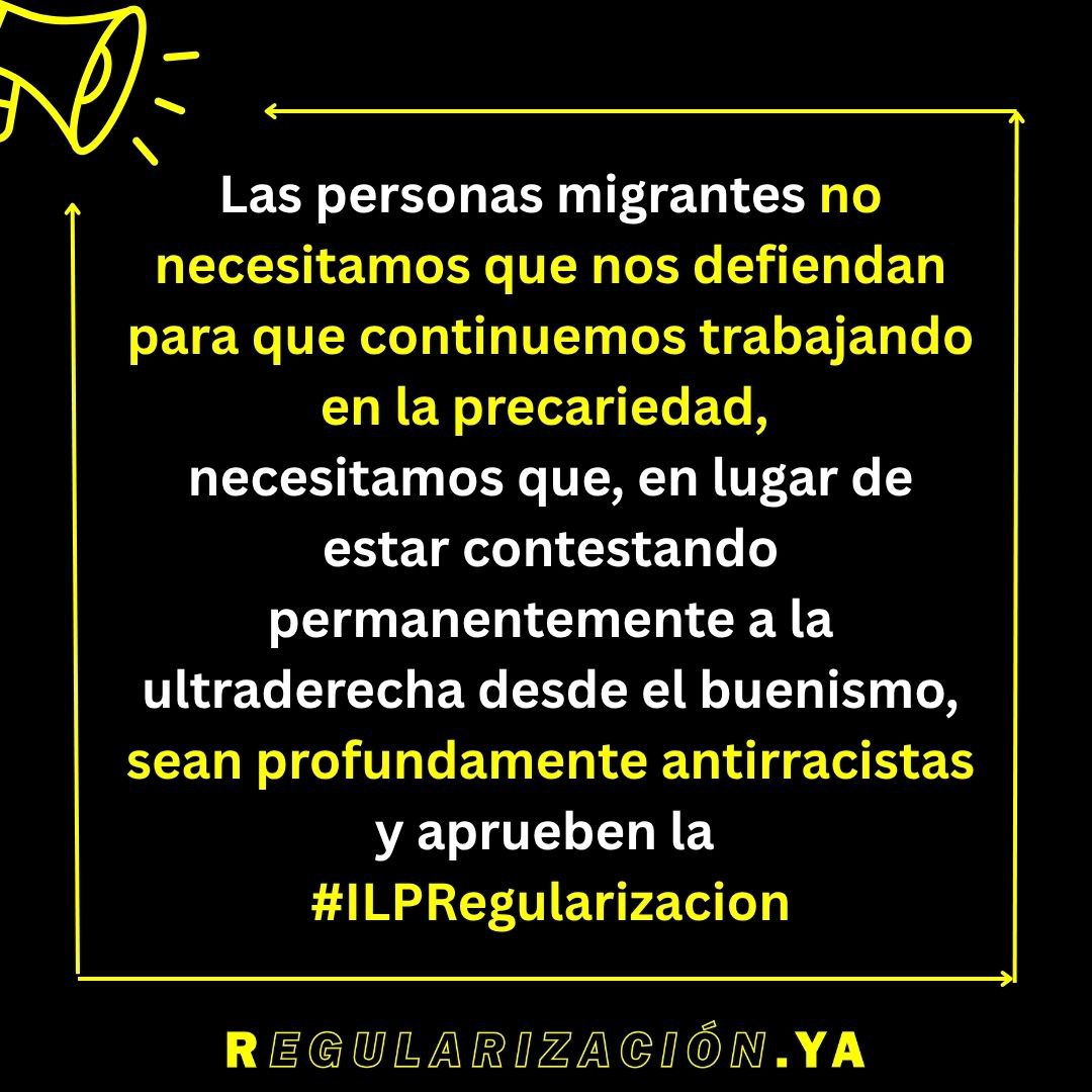 No vamos a perder ni un minuto en contestar a la ultraderecha, pero no pararemos hasta que el Gobierno y los partidos democráticos aprueben la #ILPRegularizacion 
No sigan poniendo en el centro los discursos de odio, ni el utilitarismo, por sobre nuestras demandas de derechos.