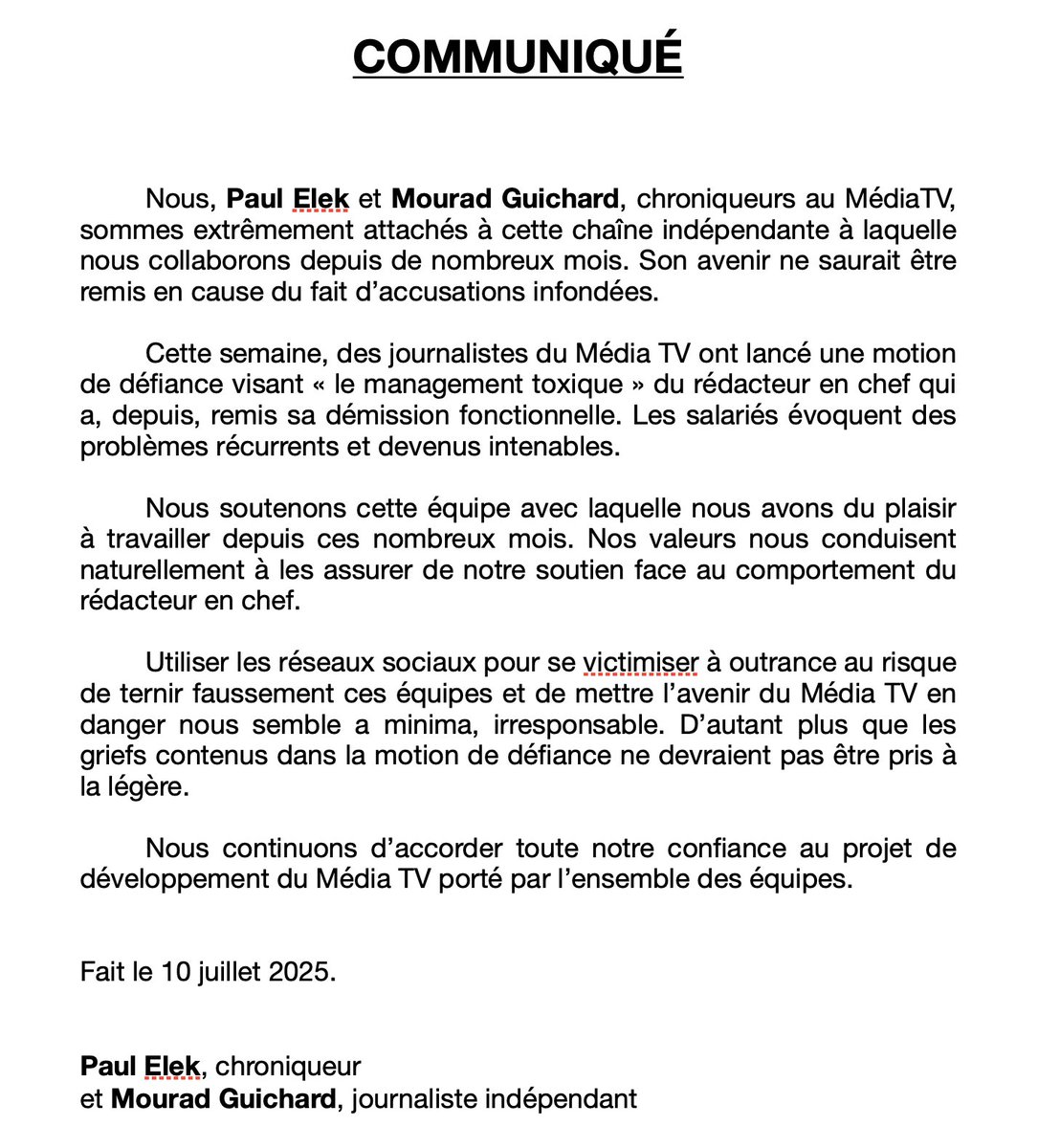 ⭕️ Motion de défiance des journalistes du <a href="/LeMediaTV/">Le Média</a>  
Communiqué de <a href="/Paul_Elek/">Paul Elek</a> et <a href="/MouMou_Guichard/">MouMou</a> 
cc <a href="/journal_lemedia/">Collectif de journalistes du Media</a>