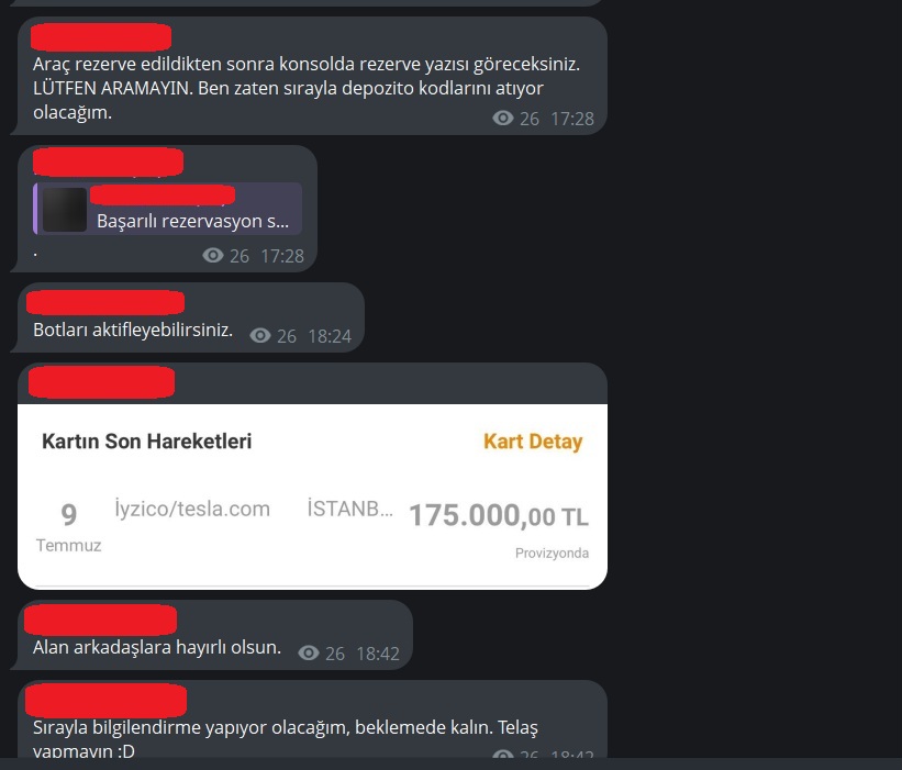 acarzeyd's tweet photo. Siz hala Tesla alabilmek için mi bekliyorsunuz?

ooooo aracı gördük diye heyecanlanırken adamlar 2-3 saniyede o aracı ödeme yapmadan hesaplarına rezarvasyon yapıyor ve 10 dakika içerisinde de arkalarına yaslana yaslana ödemelerini yaparak aracı istediği gibi alıyorlar.

24 Haziranda bunu paylaştım, o kadar etkileşime rağmen kimse çıkıp konuyla ilgili bir açıklama ve adım atmadı. 

8 Temmuz günü "Botlara Karşı KorumaGlobal dijital ekibimiz, bot kullanımını büyük ölçüde azaltmış durumda. Ancak her gün yeni girişimler ortaya çıkabiliyor. Listelemeler anlık olarak takip edilerek bu tür bot girişimleri mümkün olduğunca engelleniyor." şeklinde boş durmuyor bir şeyler yapıyoruz ama her gün yeni bir şey türüyor gibi bir cümle kullandılar.

Hiç bir şey yaptıkları yok, aşağıda ki görüntüler 9 Temmuz 18.30 Envanterinde ki botla alınan araçlara ait

Eskiden bu şahıslar kendi bilgisayarlarında yaptıkları sipariş işlemlerini şimdi müşterilere şifrelenmiş java kodu atarak onların pclerinde çalıştırıyor bu sayede daha fazla kişiye botla aldırıyorlar. 

@SawyerMerritt @elonmusk @BerkTezveren @teslaeurope