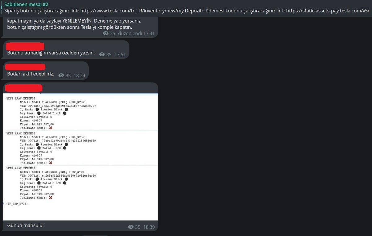 acarzeyd's tweet photo. Siz hala Tesla alabilmek için mi bekliyorsunuz?

ooooo aracı gördük diye heyecanlanırken adamlar 2-3 saniyede o aracı ödeme yapmadan hesaplarına rezarvasyon yapıyor ve 10 dakika içerisinde de arkalarına yaslana yaslana ödemelerini yaparak aracı istediği gibi alıyorlar.

24 Haziranda bunu paylaştım, o kadar etkileşime rağmen kimse çıkıp konuyla ilgili bir açıklama ve adım atmadı. 

8 Temmuz günü "Botlara Karşı KorumaGlobal dijital ekibimiz, bot kullanımını büyük ölçüde azaltmış durumda. Ancak her gün yeni girişimler ortaya çıkabiliyor. Listelemeler anlık olarak takip edilerek bu tür bot girişimleri mümkün olduğunca engelleniyor." şeklinde boş durmuyor bir şeyler yapıyoruz ama her gün yeni bir şey türüyor gibi bir cümle kullandılar.

Hiç bir şey yaptıkları yok, aşağıda ki görüntüler 9 Temmuz 18.30 Envanterinde ki botla alınan araçlara ait

Eskiden bu şahıslar kendi bilgisayarlarında yaptıkları sipariş işlemlerini şimdi müşterilere şifrelenmiş java kodu atarak onların pclerinde çalıştırıyor bu sayede daha fazla kişiye botla aldırıyorlar. 

@SawyerMerritt @elonmusk @BerkTezveren @teslaeurope