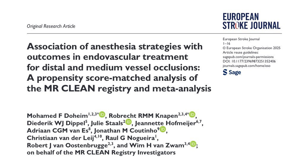 Mohamed F Doheim, MD (@fahmy_doheim) on Twitter photo Hot off the press! Our latest <a href="/ESOstroke/">European Stroke Org</a> article explores GA vs non-GA for MeVOs using MR CLEAN Registry data + pooled analysis. GA led to better recanalization during EVT, but this did not translate into better 90-day clinical outcomes.
Read more: journals.sagepub.com/doi/10.1177/23… Hot off the press! Our latest <a href="/ESOstroke/">European Stroke Org</a> article explores GA vs non-GA for MeVOs using MR CLEAN Registry data + pooled analysis. GA led to better recanalization during EVT, but this did not translate into better 90-day clinical outcomes.
Read more: journals.sagepub.com/doi/10.1177/23…
