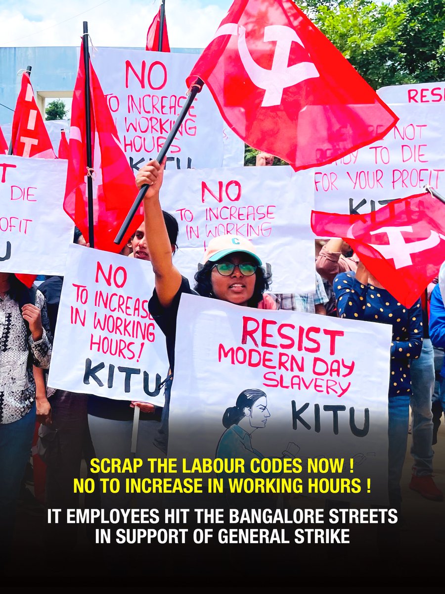 kitu_hq's tweet image. IT employees hit the Bangalore streets under the banner of Karnataka State IT/ITeS Employees Union (KITU) in support of General Strike.
Scrap the Labour Codes Now !
No to Increase in Working Hours !
#GeneralStrike Resist #12hrWorkDay