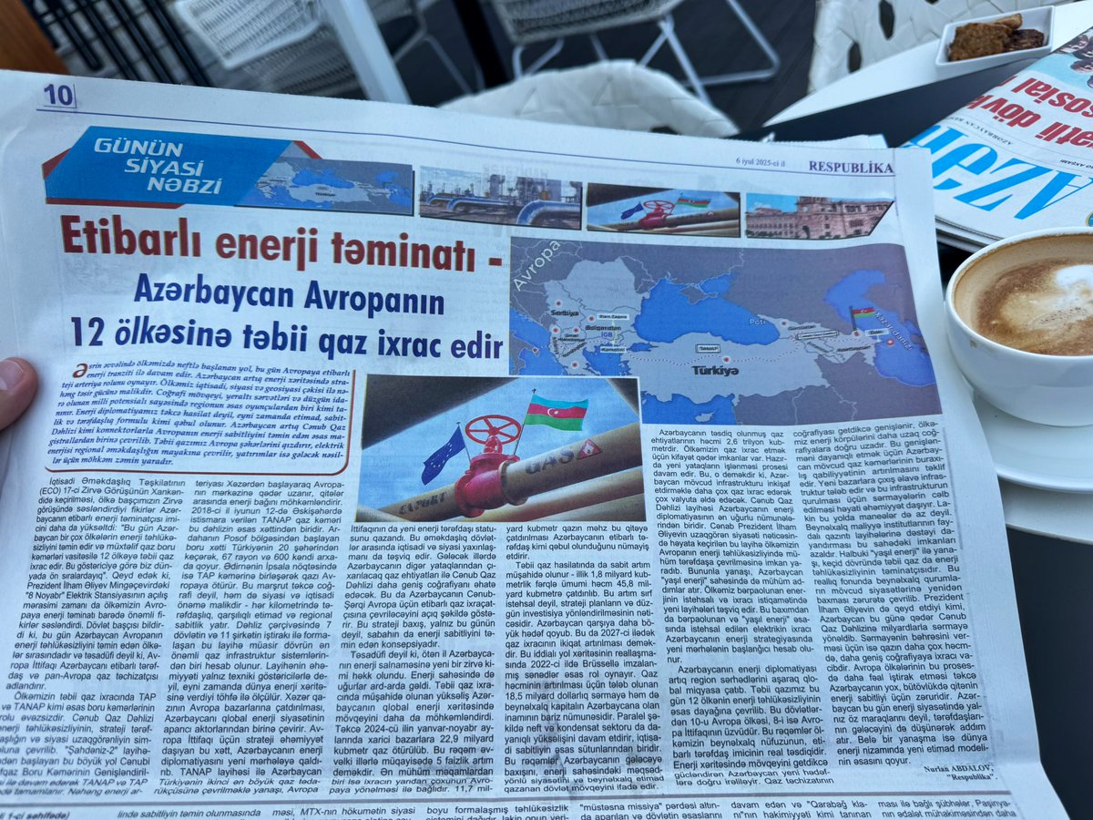 4 gündür kardeş Can Azerbaycan’dayım. Her gün düzenli olarak ülke basınını tarıyorum (arşiv dahil).

Şunu bir kez daha fark ettim ki Bakü, sadece bölgede değil; Avrupa’nın güvenliği ve yeni dönem politikalarında “enerji diplomasisi”yle giderek yükseliyor.

Tebrik gerçekten👏🇦🇿🧿