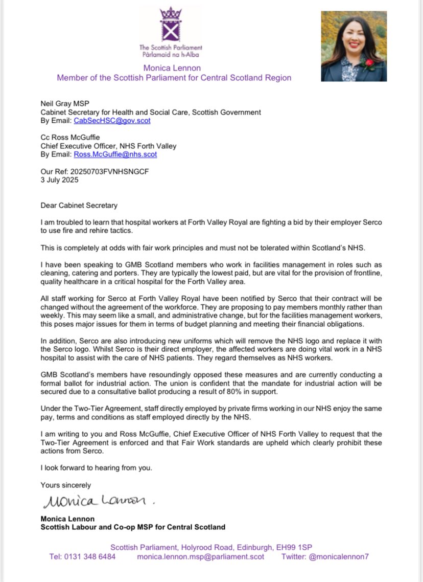 Solidarity with hospital workers at Forth Valley Royal.

Fire and rehire is abhorrent. That’s why after speaking to <a href="/GMBScotOrg/">GMB Scotland</a> last week I wrote to the Cabinet Secretary and NHS Forth Valley. 

Serco are to blame but SNP ministers must not be bystanders.