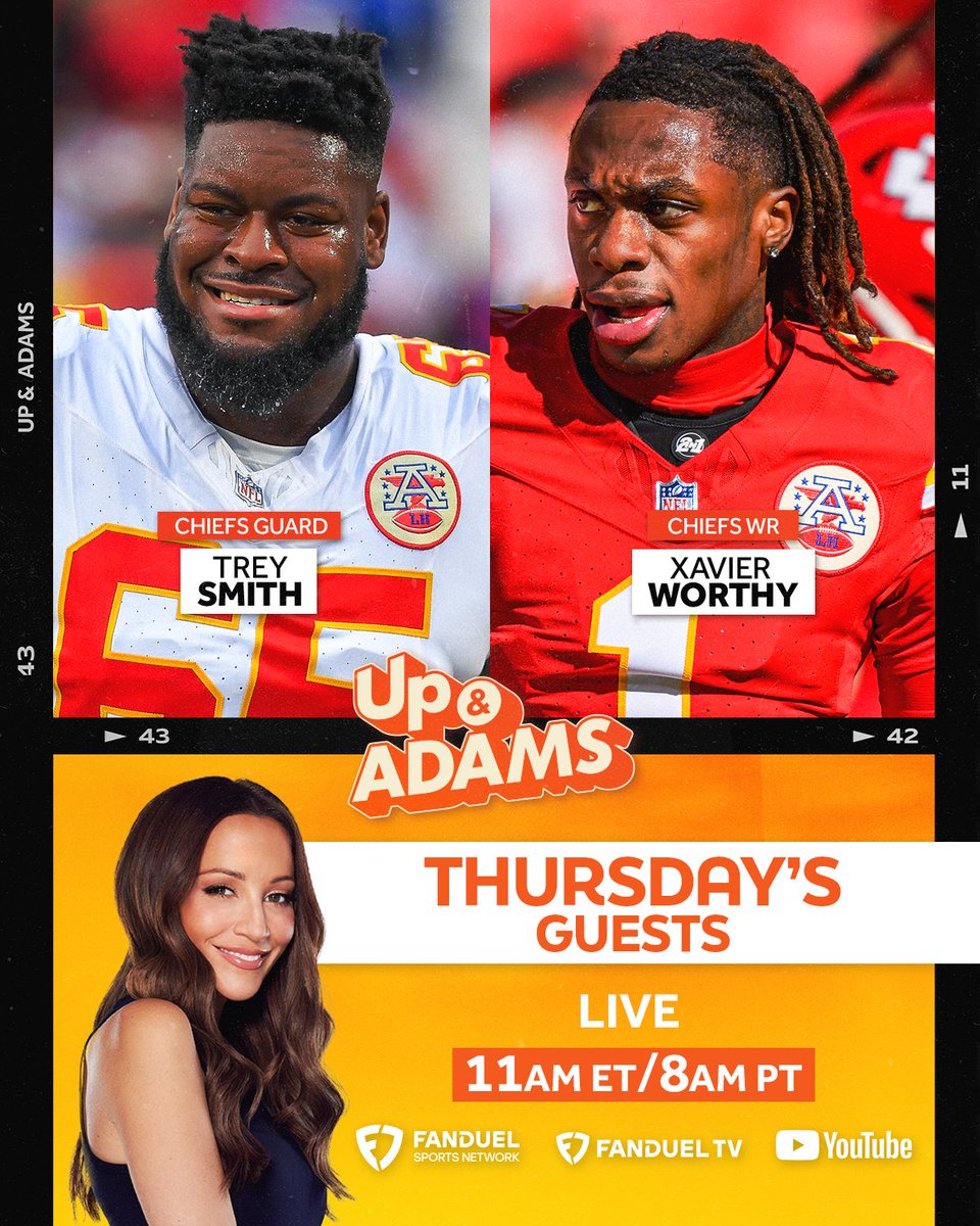 Chiefs Guard Trey Smith and Chiefs Wide Receiver Xavier Worthy today at 11am ET 🤩

<a href="/heykayadams/">Kay Adams</a> | <a href="/treysmith/">Trey Smith</a> <a href="/XavierWorthy/">Z A Y 🖤</a>