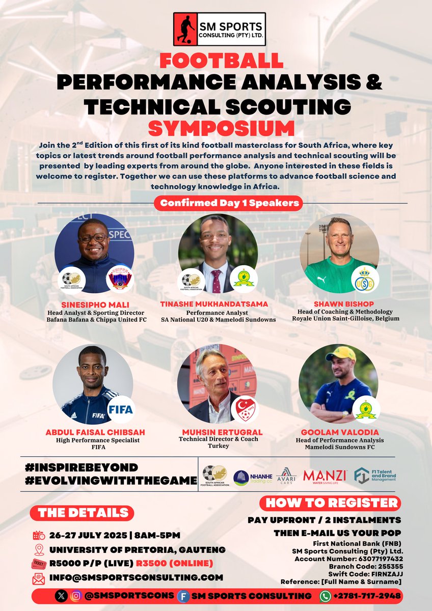 SMSportsCons's tweet image. It’s been a busy ‘transfer window’ for some of our speakers and we’ve had to update our official flyers for the 2nd edition of the Football Analysis & Scouting Symposium hosted in Tshwane, 26-27 July 2025 👇🏾
🦔>🌶️
🇸🇦>🇧🇪
🌶️>👨🎓
#InspireBeyond | #EvolvingWithTheGame