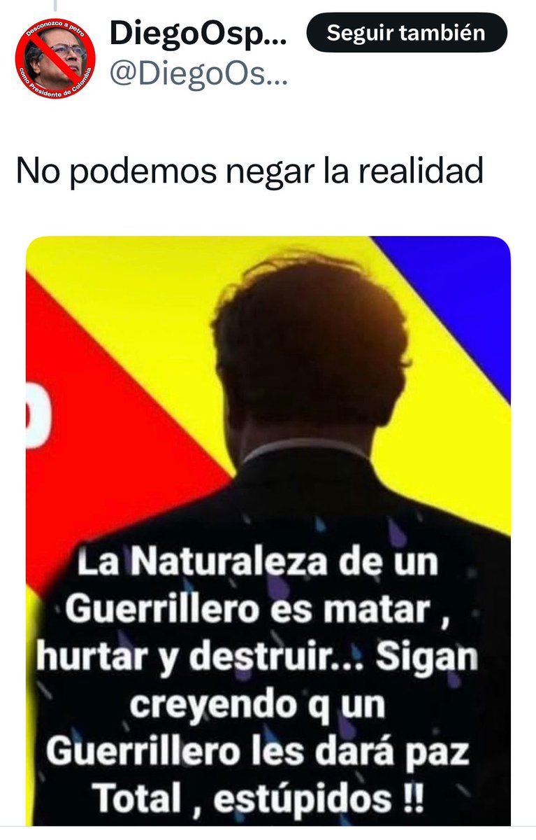 ExiliadaP's tweet image. CompaΓ±eros progresistas , pido denunciar a :
βββββββ
@DiegoOspin1798
Vamos, defendamos a nuestro presidente @petrogustavo
No entiendo por quΓ© este tipo de cuentas uribistas me siguen y engordan mi cuenta.
TambiΓ©n me han estado siguiendo cuentas de βoposiciΓ³nββ¦