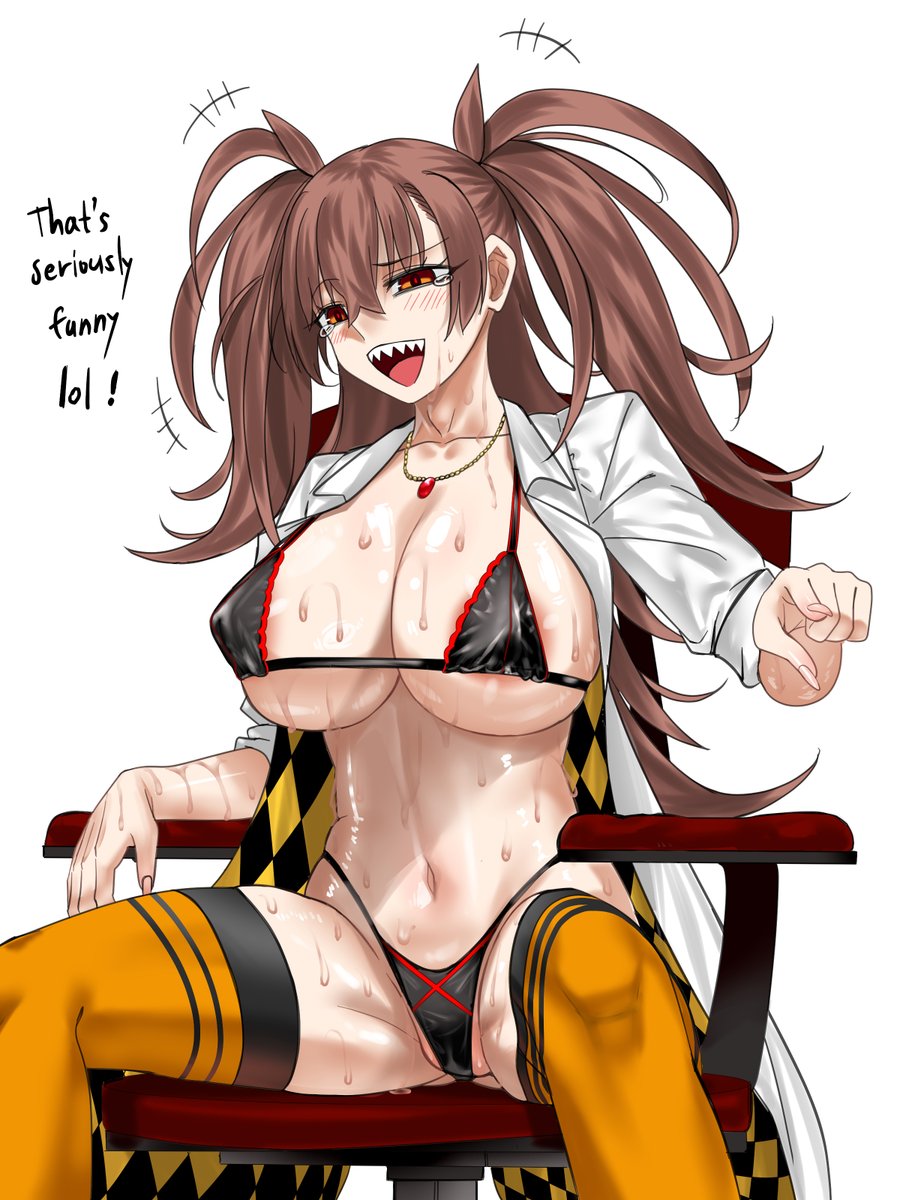 blue_notuki's tweet image. これは暑いからという理由で開放的で涼しいマイクロビキニ着てる博士が助手からの指摘に「そんなコトわざわざ訊くって、もしかしてこの格好のアタシに脳ミソ刺激されてリビドーがフルスロットルになっちゃったのぉ?キャ~犯されちゃーうwww」と小馬鹿にして揶揄ってる図