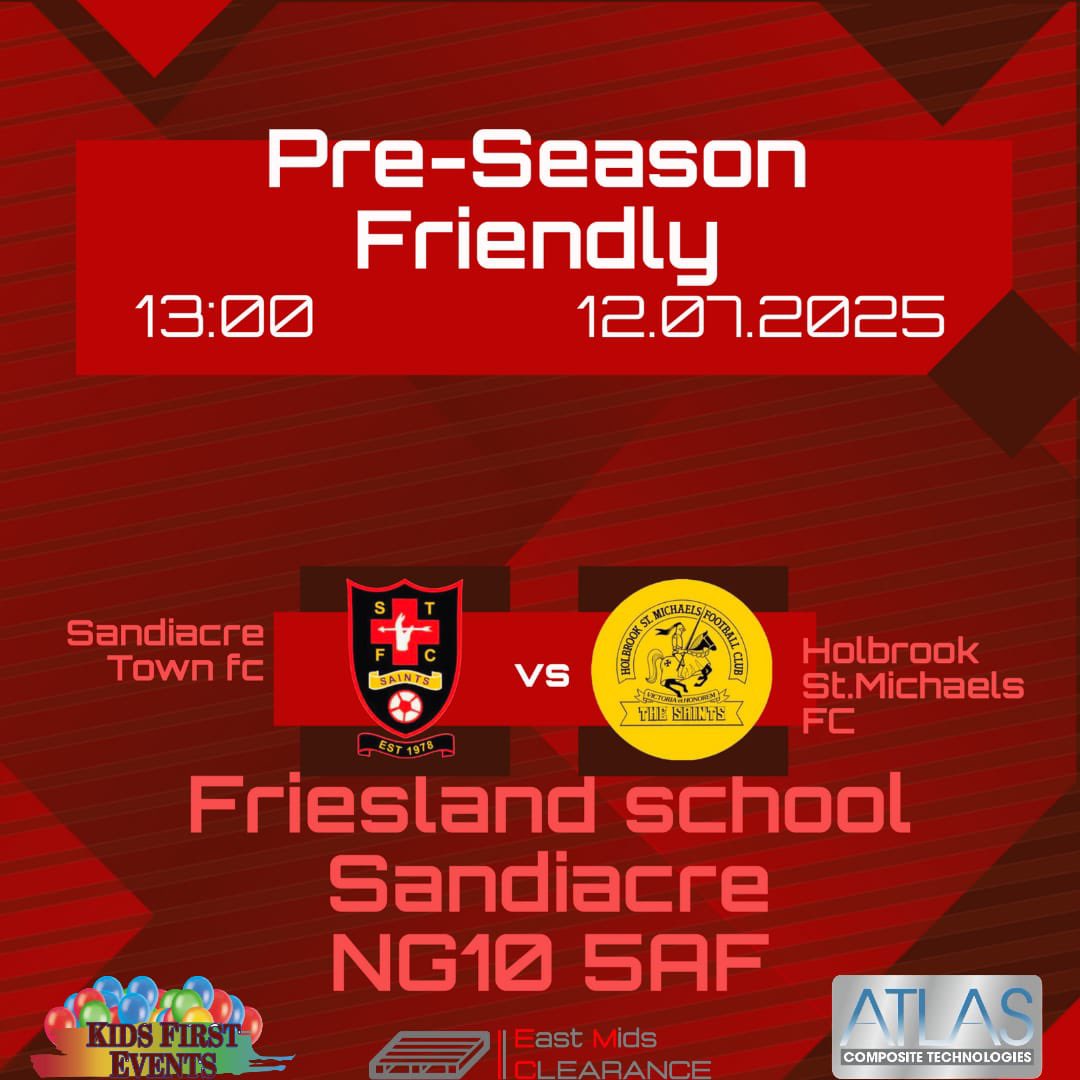 Sandiacre Town FC (@sandiacre_town) on Twitter photo π COMING UP / PSF (4) π
Weβre back in action once again as we host Holbrook St Michaels in our latest pre season friendly! π
β½οΈ PSF (4)
π <a href="/HolbrookSM_/">Holbrook St. Michaels</a>
π Saturday 12th July 2025
π£ 1pm KO
π Friesland School, Nursery Avenue, NG10 5AF
ποΈ FREE ENTRY
#upthesaints π COMING UP / PSF (4) π
Weβre back in action once again as we host Holbrook St Michaels in our latest pre season friendly! π
β½οΈ PSF (4)
π <a href="/HolbrookSM_/">Holbrook St. Michaels</a>
π Saturday 12th July 2025
π£ 1pm KO
π Friesland School, Nursery Avenue, NG10 5AF
ποΈ FREE ENTRY
#upthesaints
