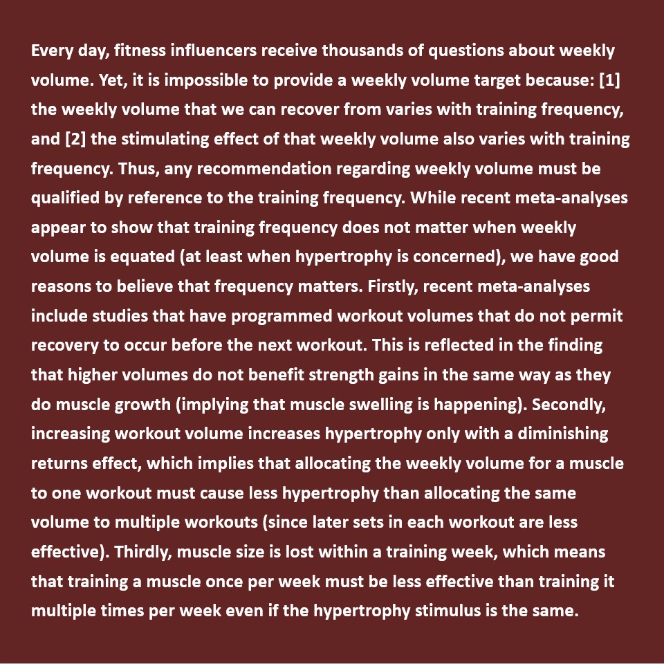 It makes no sense to talk about weekly training volume when training frequency matters. As always, the full (free) article is available on Patreon.