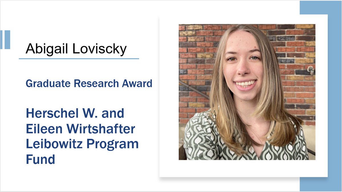 PSUPsychology's tweet image. Please help us congratulate Penn State Psychology graduate student Abigail Loviscky for receiving the graduate research award from the Herschel W. and Eileen Wirtshafter Leibowitz Program Fund. To learn more about Abigail, see vesciolab.com/our-team