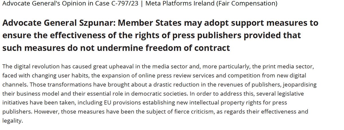The Court's Advocate General #Szpunar is open to a creative interpretation of the Copyright Directive, aiming to expand Member States' implementation powers: in this case, the Italian model allows the regulator, #AGCOM, to impose negotiations between the parties—publishers and