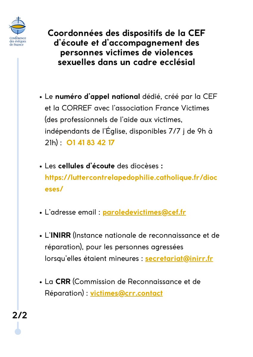 Dans un souci de vérité et de clarté, la #CEF encourage toute personne ayant subi des violences par l’#AbbéPierre à se rapprocher de l’un des dispositifs d’écoute et d’accompagnement de l’Église