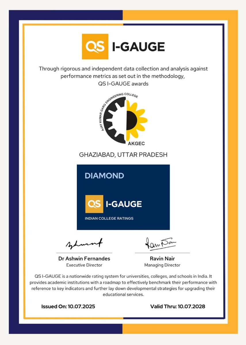 AKGEC proudly receives the prestigious Diamond Rating by QS I-GAUGE, recognizing excellence in academics, innovation, and holistic growth. A proud moment for students, faculty, and stakeholders! #AKGEC #QSIgauge #AcademicExcellence