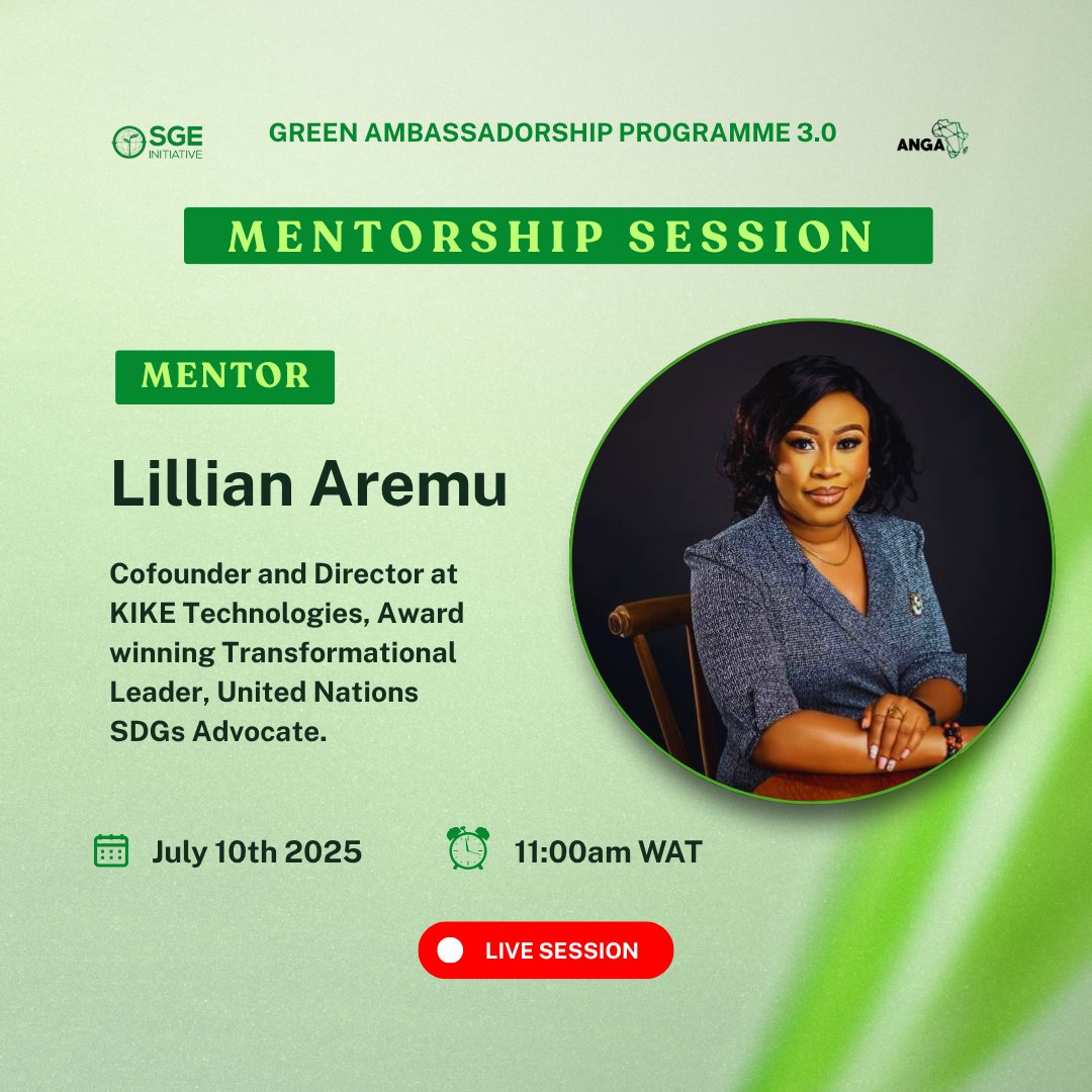 sgeinitiative's tweet photo. πAt 11 am WAT today, another #GAP3.0 mentorship session goes live with our esteemed mentor, Lilian Aremu! π
We look forward to an engaging session and can't wait to see the impact it will have on our participants' journey! π‘π
#GAP3.0 #greenentrepreneurs #sgeinitiative https://t.co/VfcoCuvgx0